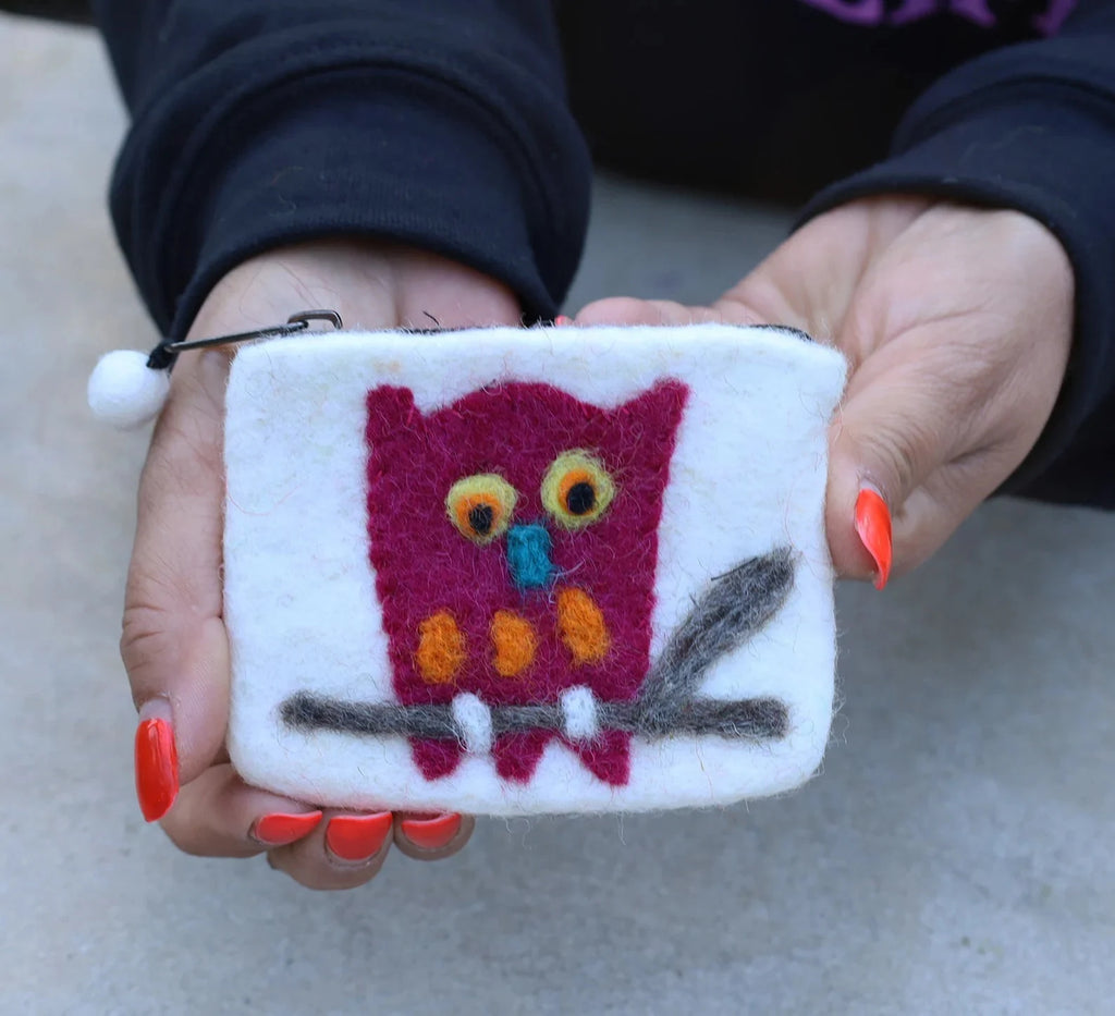 Small 100% Wool Felt Flower Multi Color Owl Purse Zippered Lined - DharmaObjects