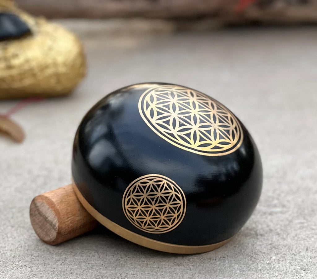 Tibetan Flower of Life Singing Bowl Set | 4 Inch Meditation Bowl with Mallet & Cushion | Handcrafted in India - DharmaObjects