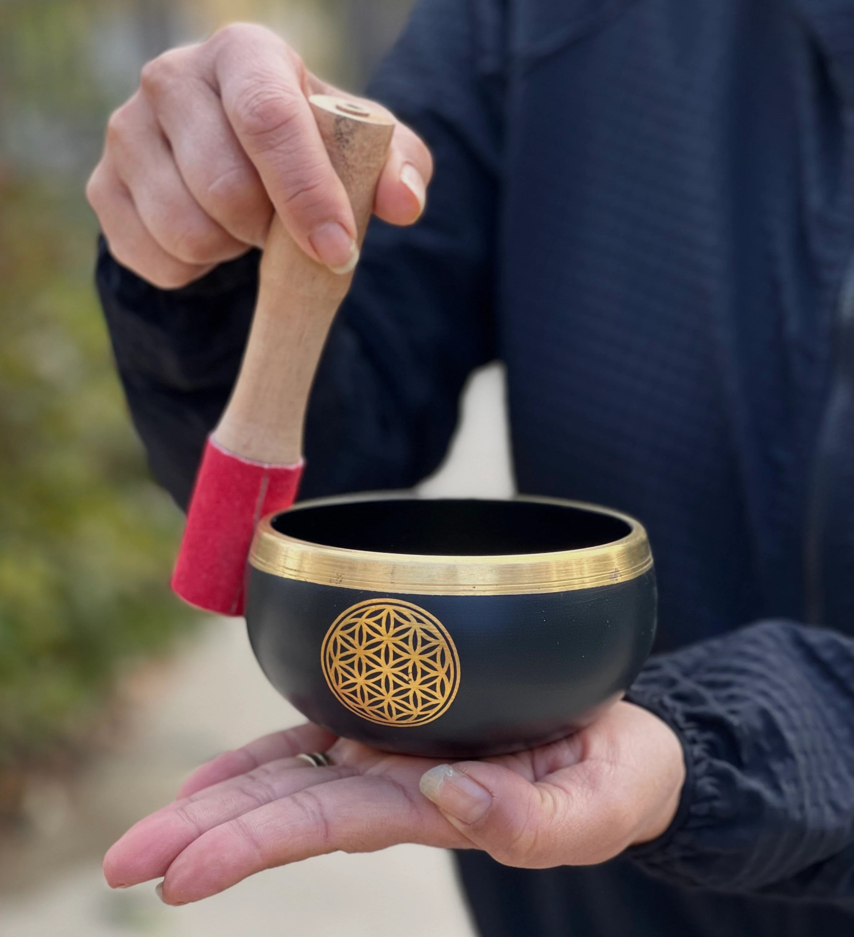 Medium Tibetan Flower of Life Singing Bowl Set | 4.5 Inch Meditation Bowl with Mallet & Cushion | Handcrafted India - DharmaObjects