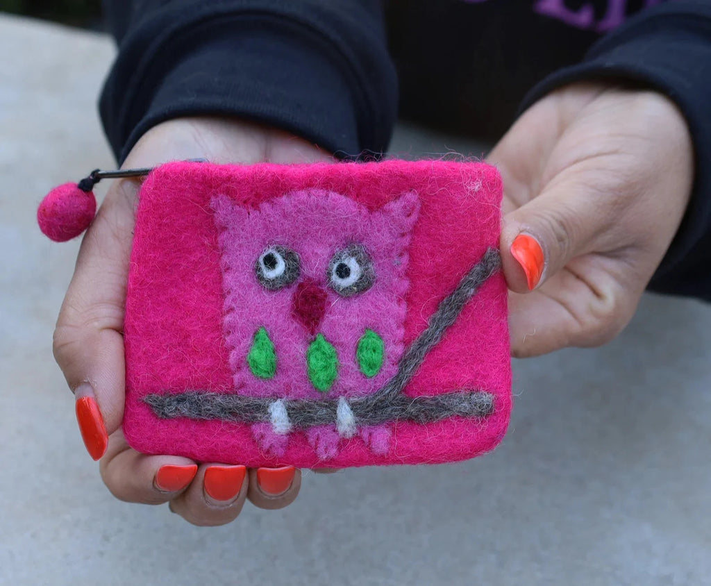 Small 100% Wool Felt Flower Multi Color Owl Purse Zippered Lined - DharmaObjects