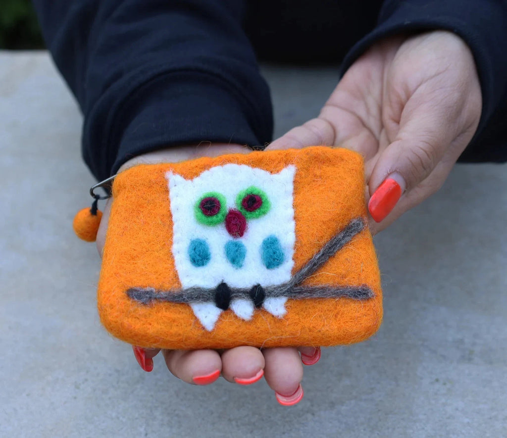 Small 100% Wool Felt Flower Multi Color Owl Purse Zippered Lined - DharmaObjects