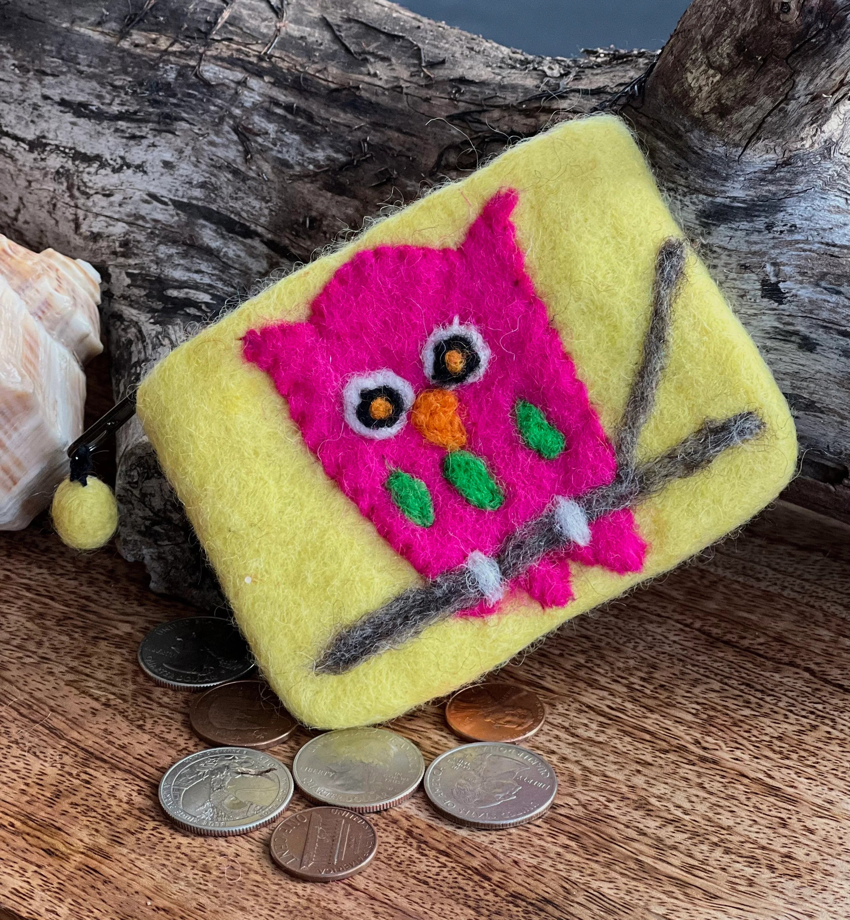 Small 100% Wool Felt Flower Multi Color Owl Purse Zippered Lined - DharmaObjects