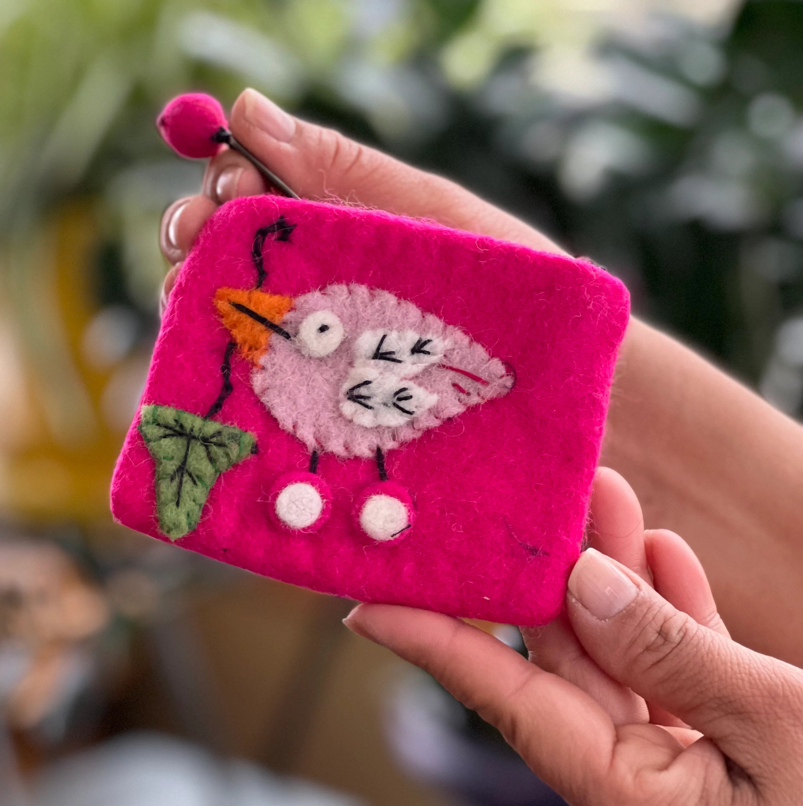 100% Wool Felt Flower Multi Color Birdie Coin Purse Zippered Lined - DharmaObjects