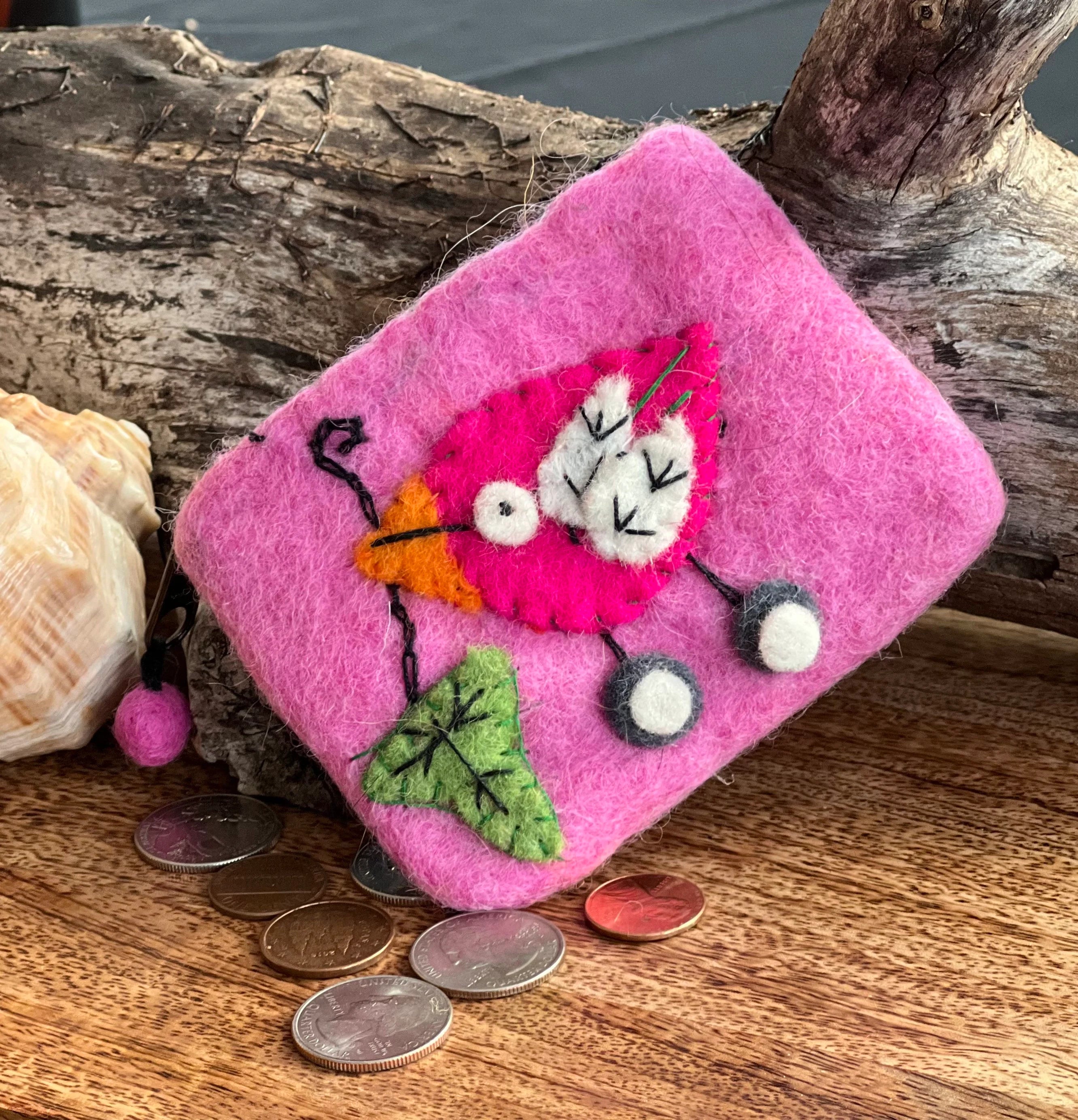 100% Wool Felt Flower Multi Color Birdie Coin Purse Zippered Lined - DharmaObjects