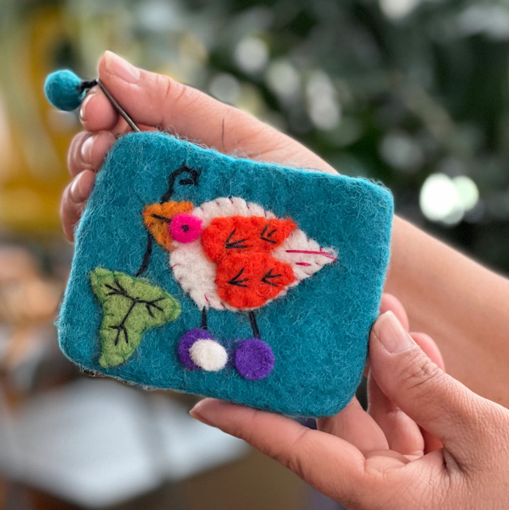 100% Wool Felt Flower Multi Color Birdie Coin Purse Zippered Lined - DharmaObjects