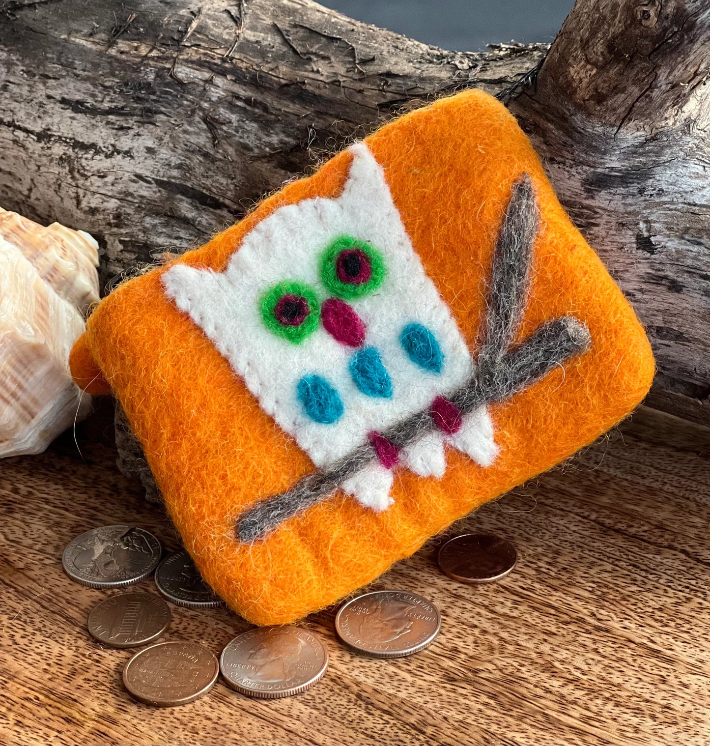 Small 100% Wool Felt Flower Multi Color Owl Purse Zippered Lined