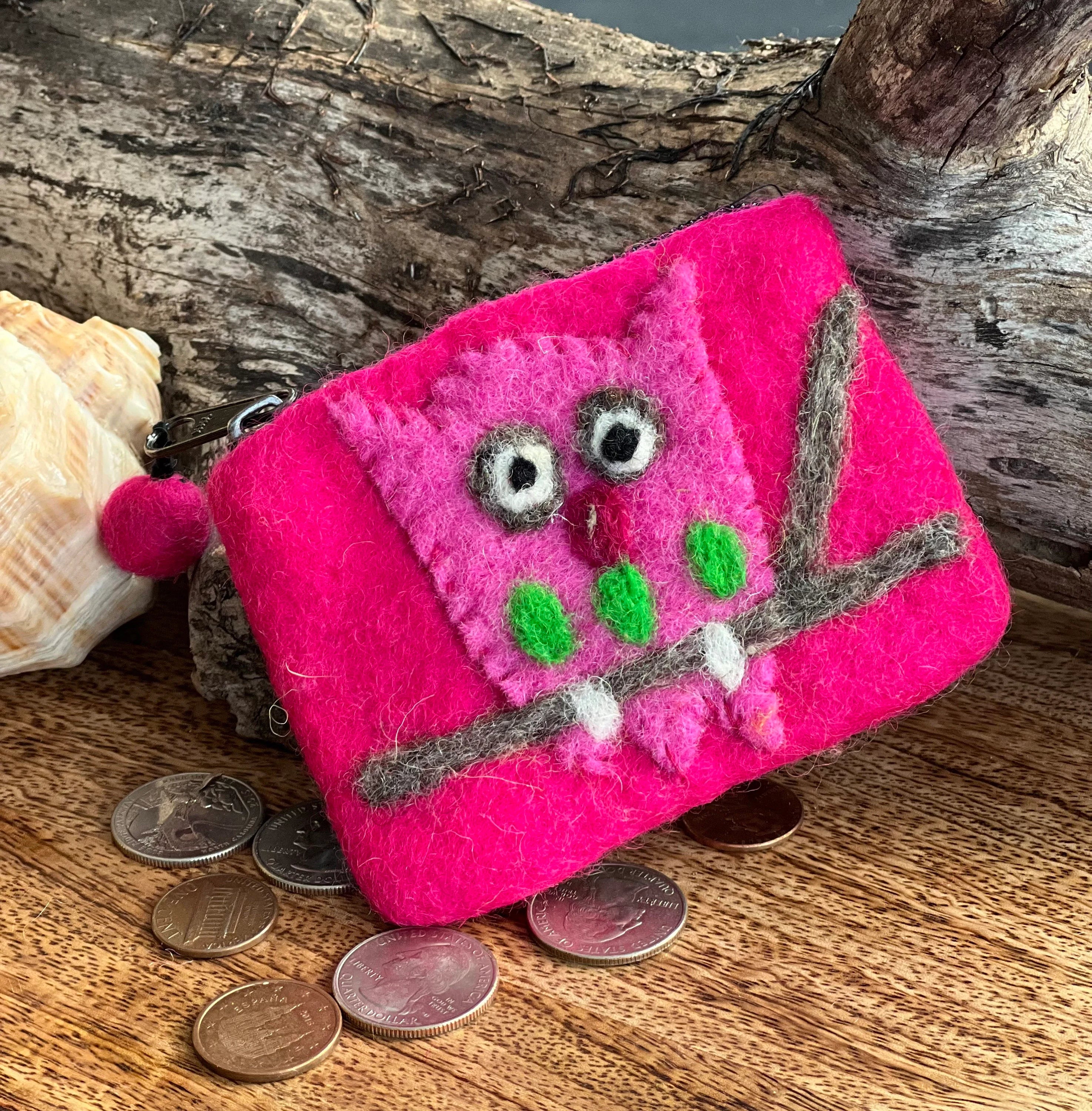 Small 100% Wool Felt Flower Multi Color Owl Purse Zippered Lined - DharmaObjects