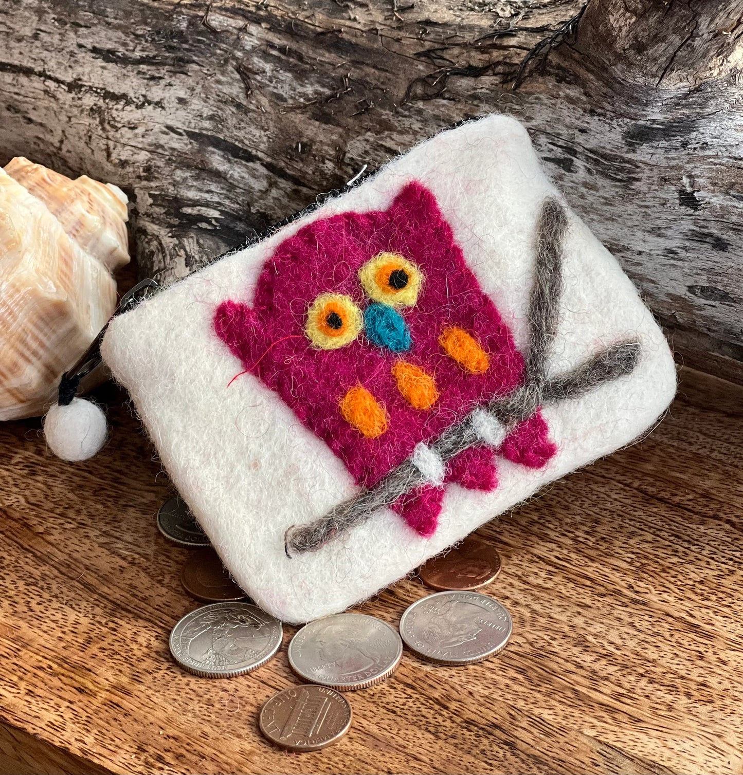 Small 100% Wool Felt Flower Multi Color Owl Purse Zippered Lined