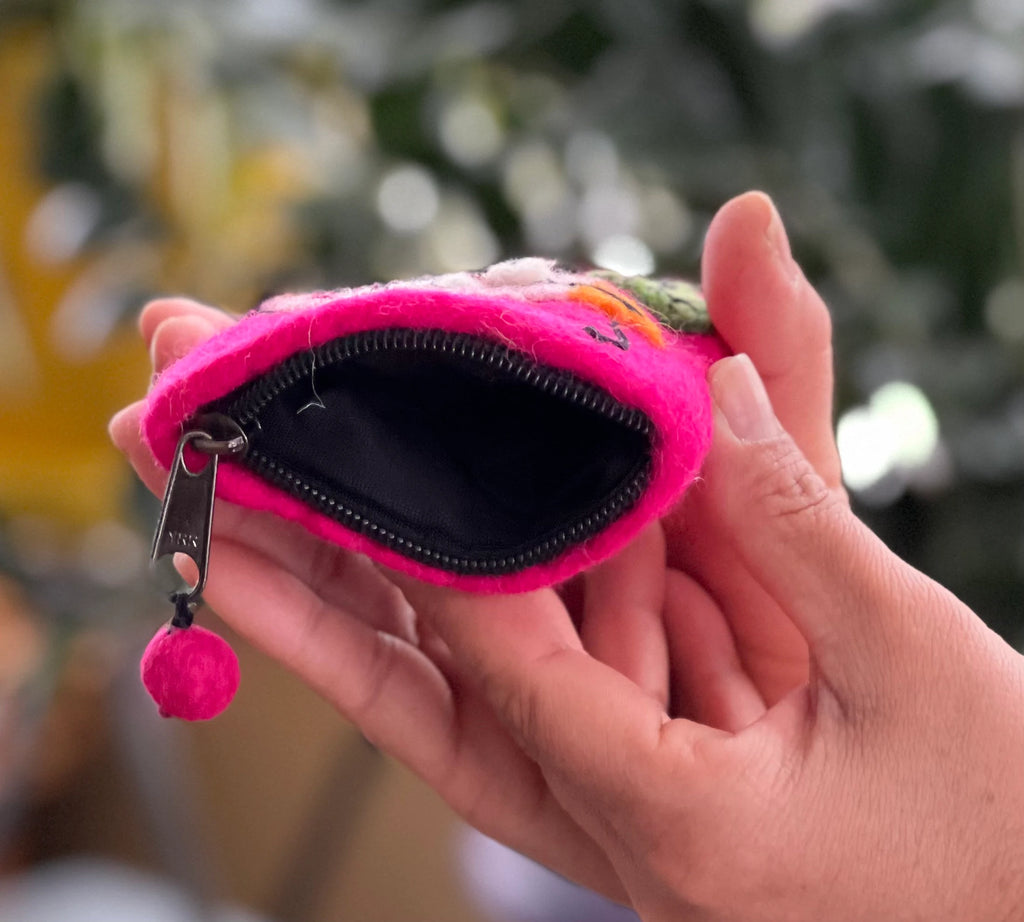 100% Wool Felt Flower Multi Color Birdie Coin Purse Zippered Lined - DharmaObjects