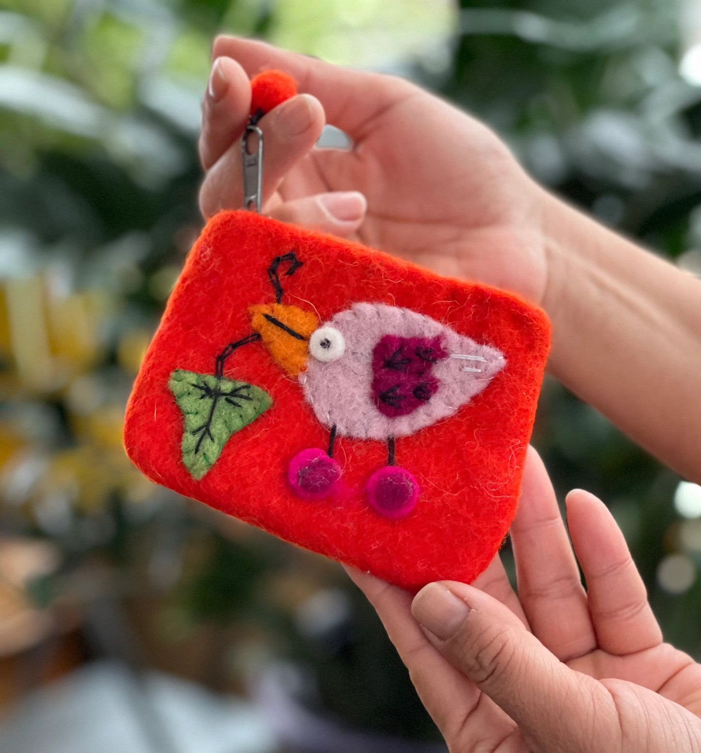 100% Wool Felt Flower Multi Color Birdie Coin Purse Zippered Lined