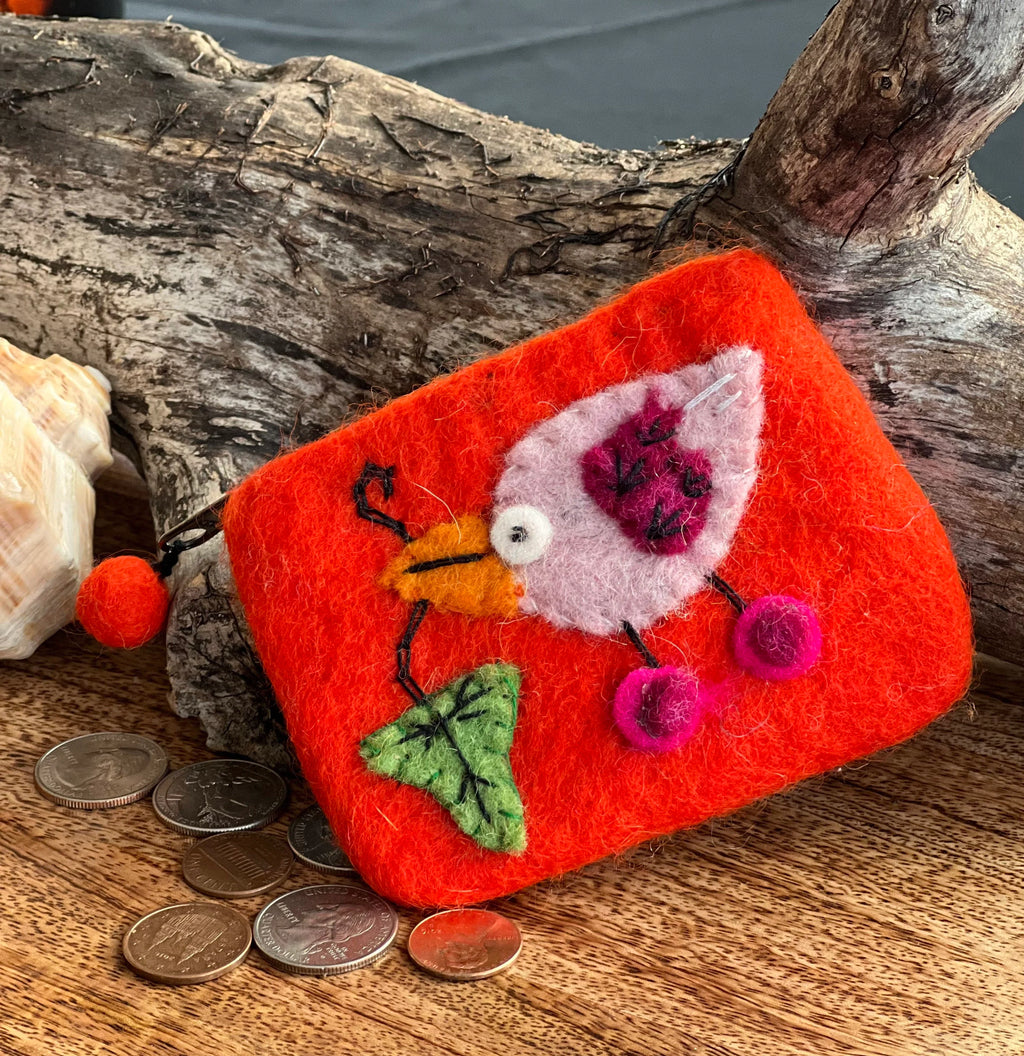 100% Wool Felt Flower Multi Color Birdie Coin Purse Zippered Lined - DharmaObjects