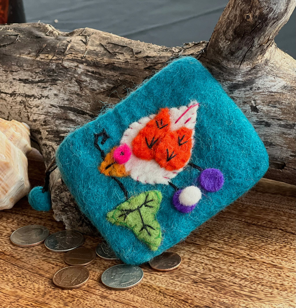 100% Wool Felt Flower Multi Color Birdie Coin Purse Zippered Lined - DharmaObjects