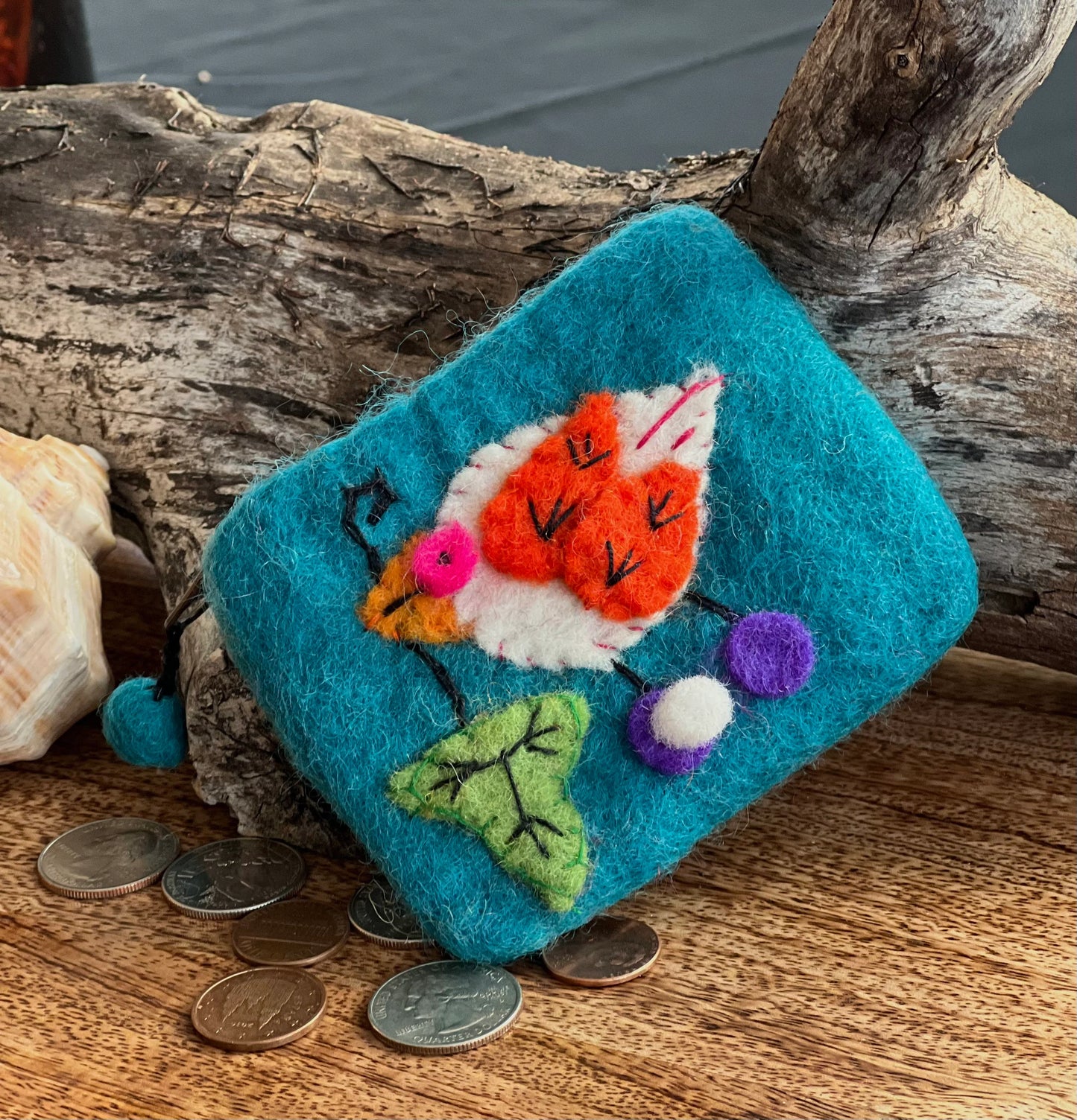 100% Wool Felt Flower Multi Color Birdie Coin Purse Zippered Lined