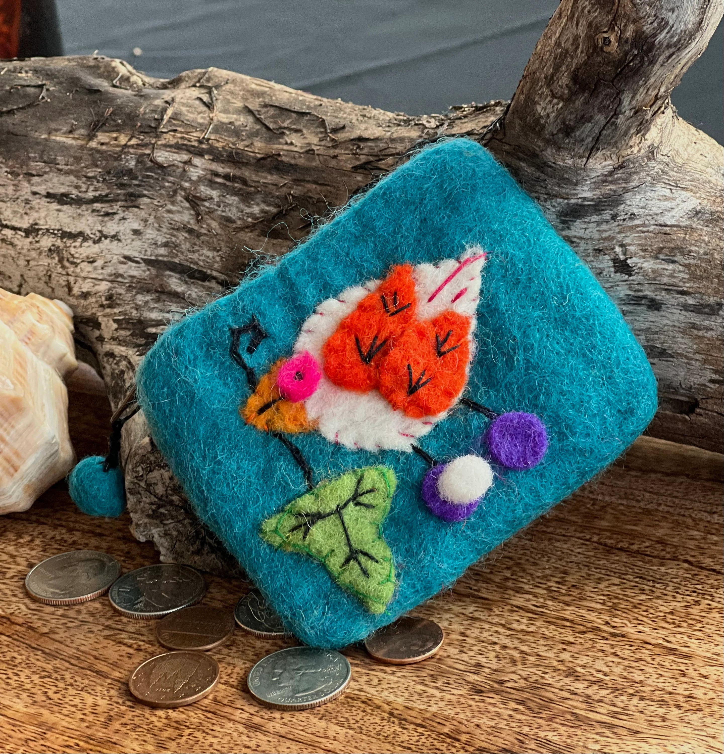 100% Wool Felt Flower Multi Color Birdie Coin Purse Zippered Lined - DharmaObjects