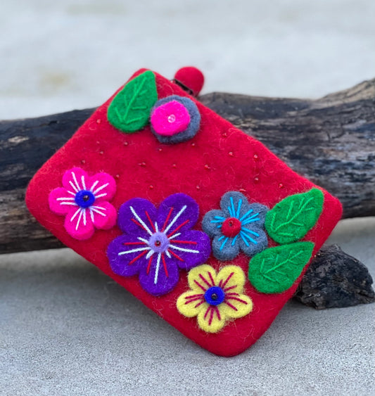 Small Felted Floral Coin Purse, Kids Pouch, Makeup Pouch, Christmas Gift Pouch Zippered And Lined