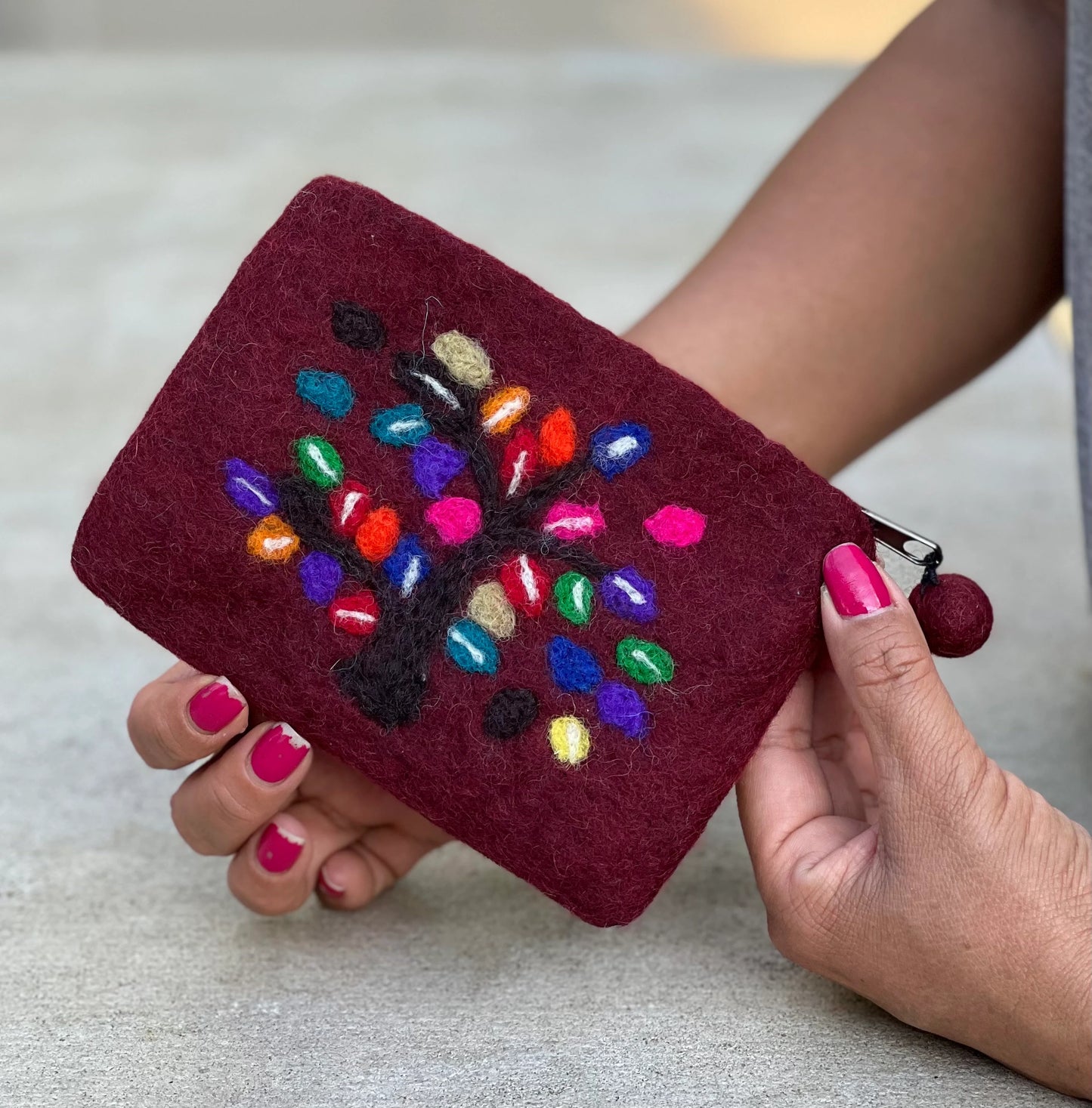 Felted Tree Of Life Coin Purse, Kids Pouch, Makeup Pouch, Christmas Gift Pouch Zippered And Lined