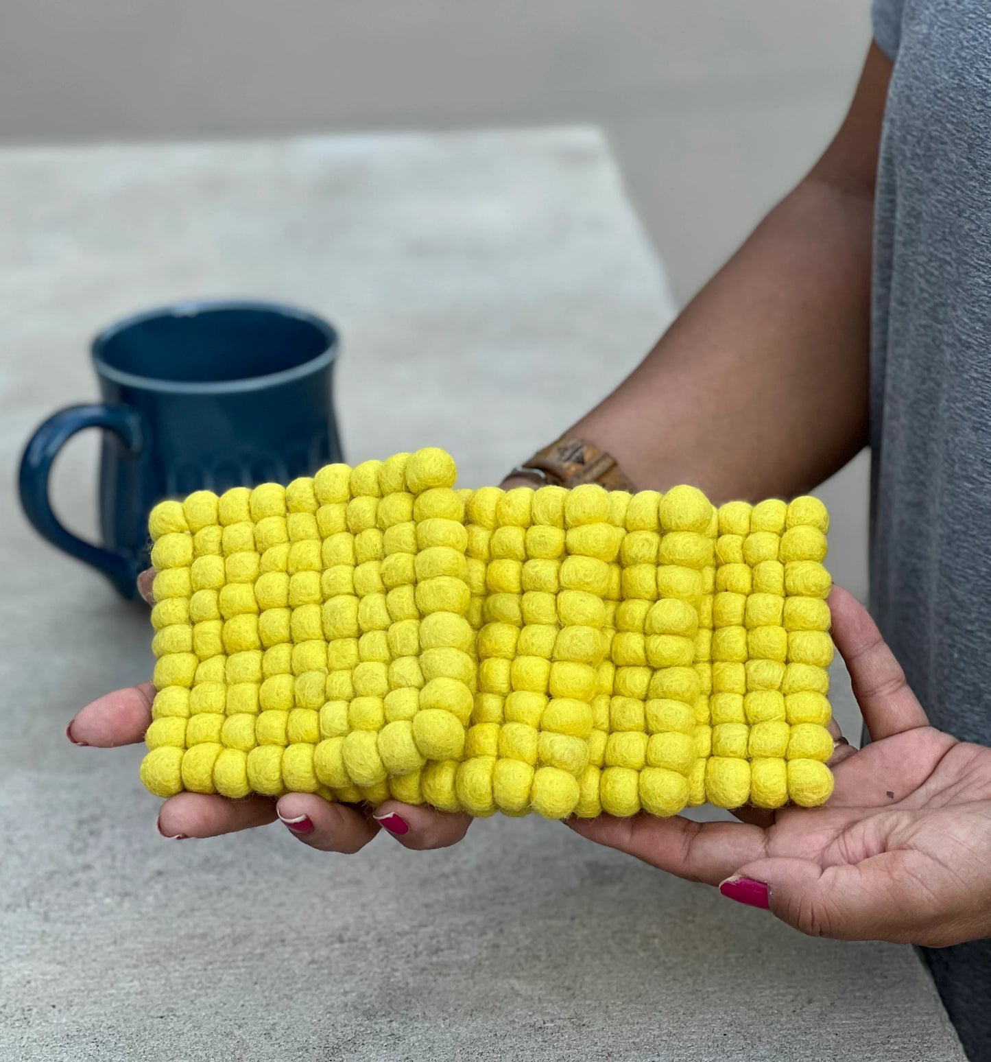 Fair Trade Yellow Felt Ball Tea Coasters, Drink Coasters Set, Home Decor And More