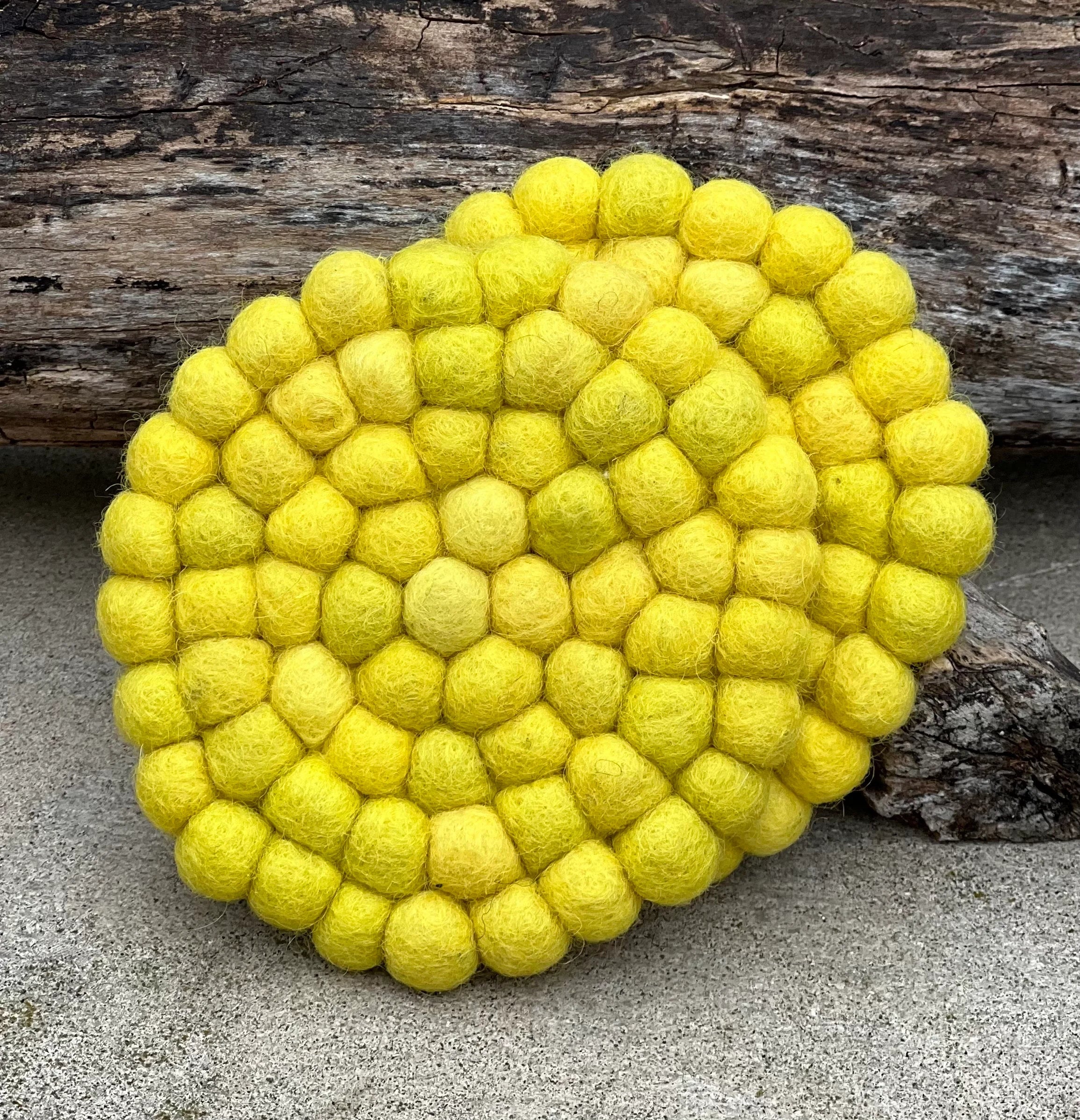 Fair Trade Yellow Felt Ball Tea Coasters, Drink Coasters Set, Home Decor And More - DharmaObjects