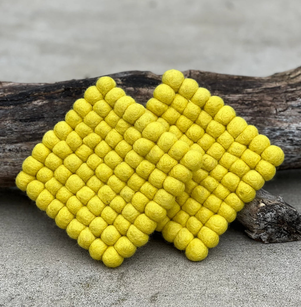 Fair Trade Yellow Felt Ball Tea Coasters, Drink Coasters Set, Home Decor And More - DharmaObjects