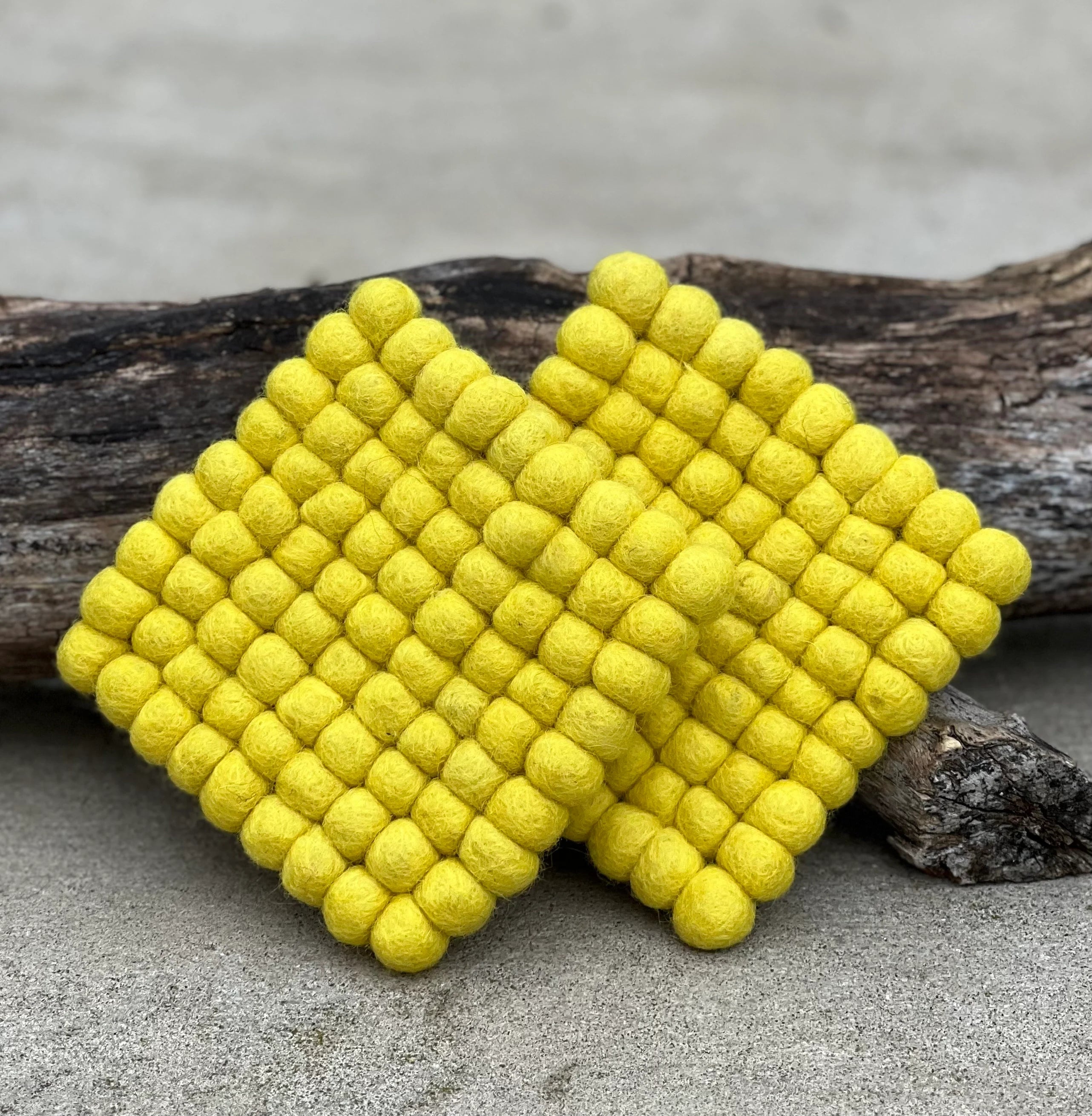 Fair Trade Yellow Felt Ball Tea Coasters, Drink Coasters Set, Home Decor And More - DharmaObjects