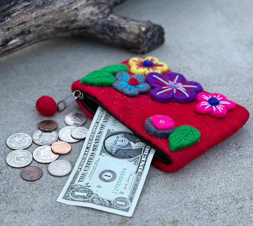 Small Felted Floral Coin Purse, Kids Pouch, Makeup Pouch, Christmas Gift Pouch Zippered And Lined - DharmaObjects