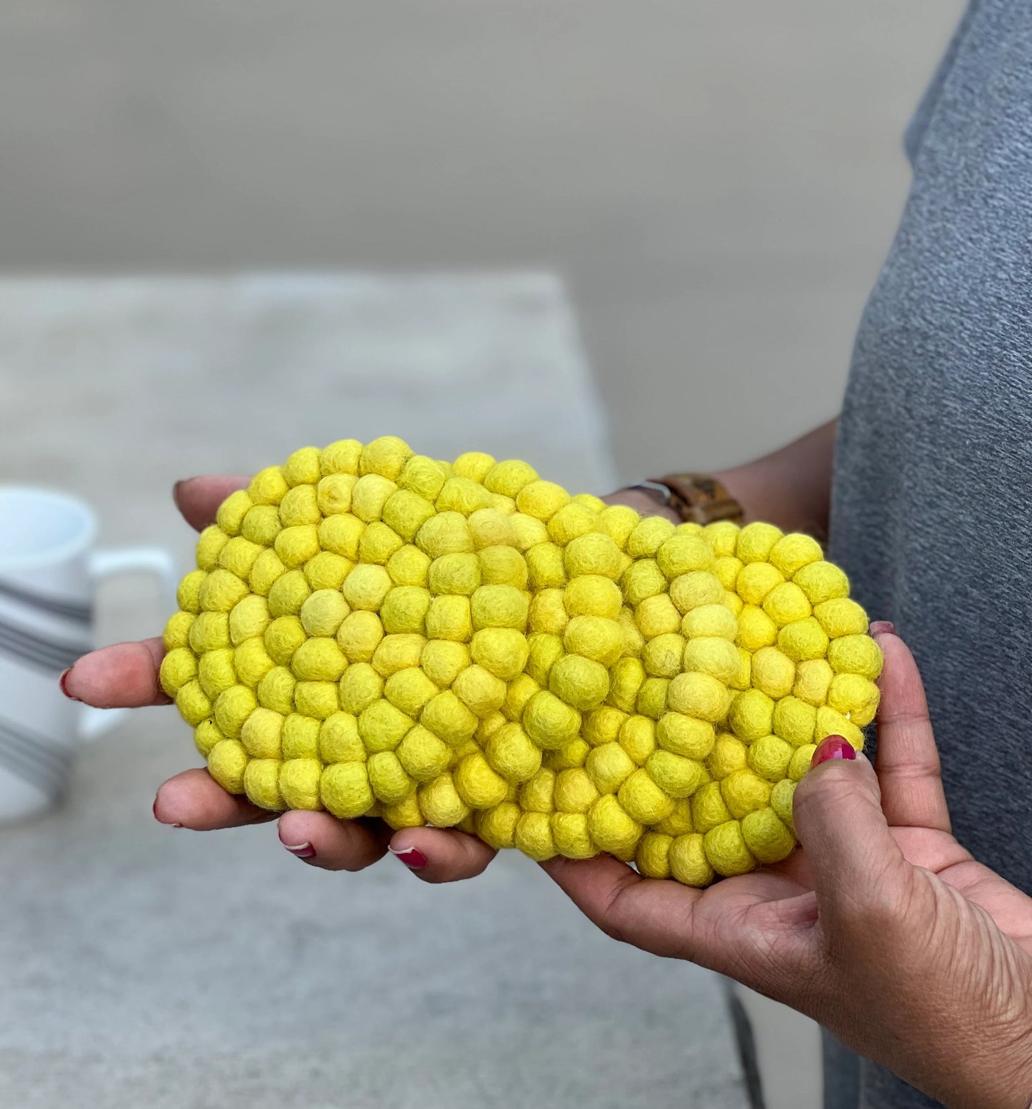 Fair Trade Yellow Felt Ball Tea Coasters, Drink Coasters Set, Home Decor And More