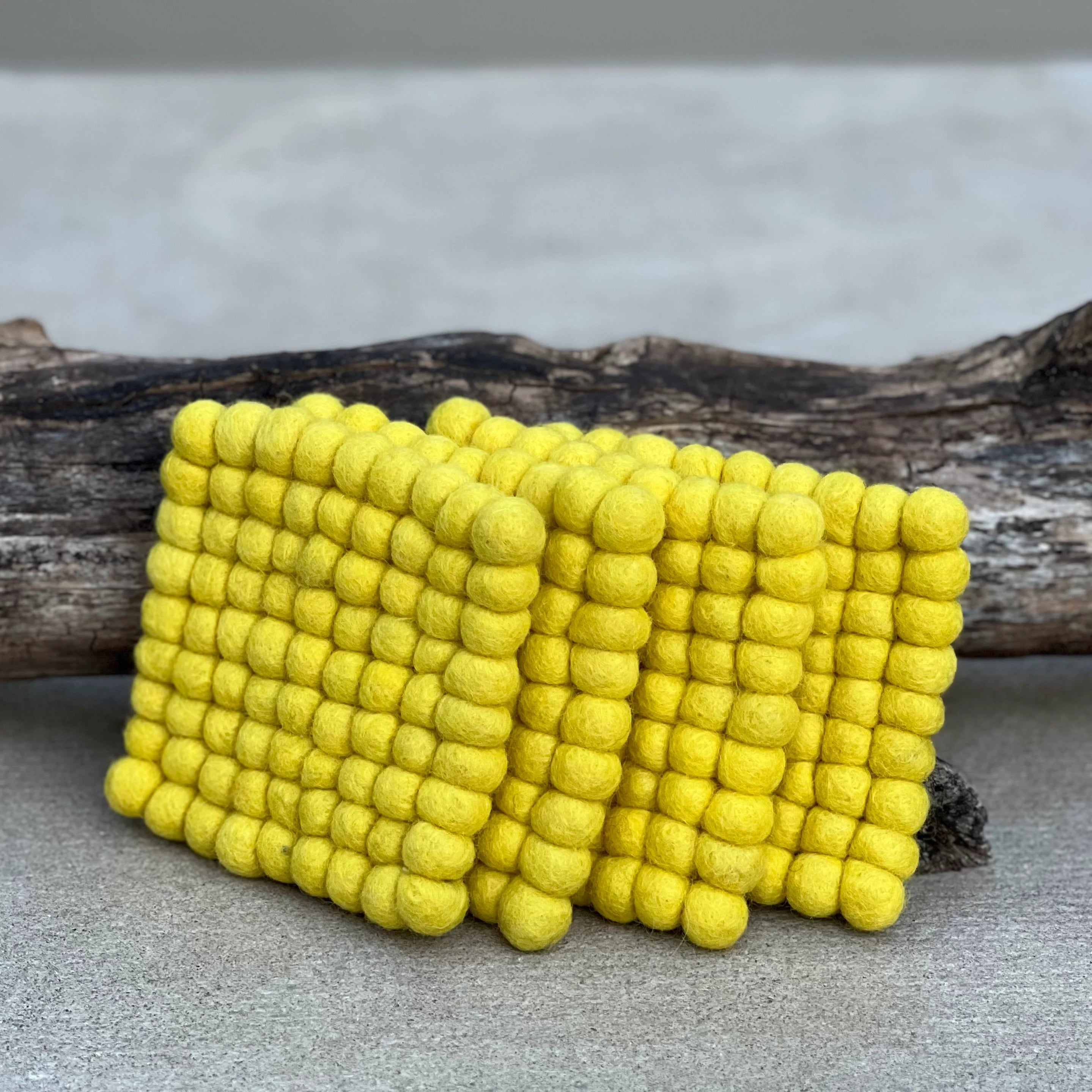 Fair Trade Yellow Felt Ball Tea Coasters, Drink Coasters Set, Home Decor And More - DharmaObjects