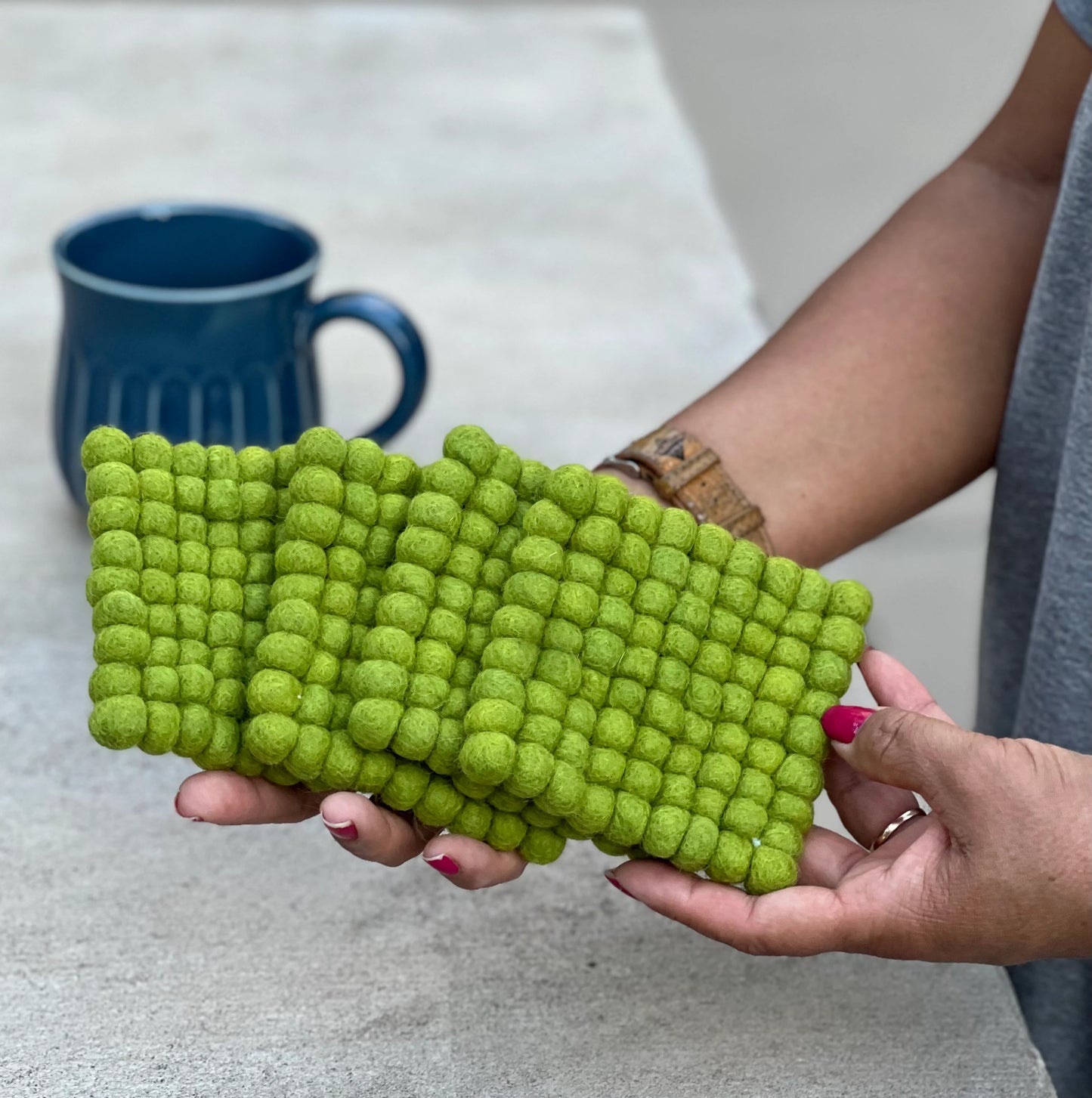 Fair Trade Green Felt Ball Tea Coasters, Drink Coasters Set, Home Decor And More