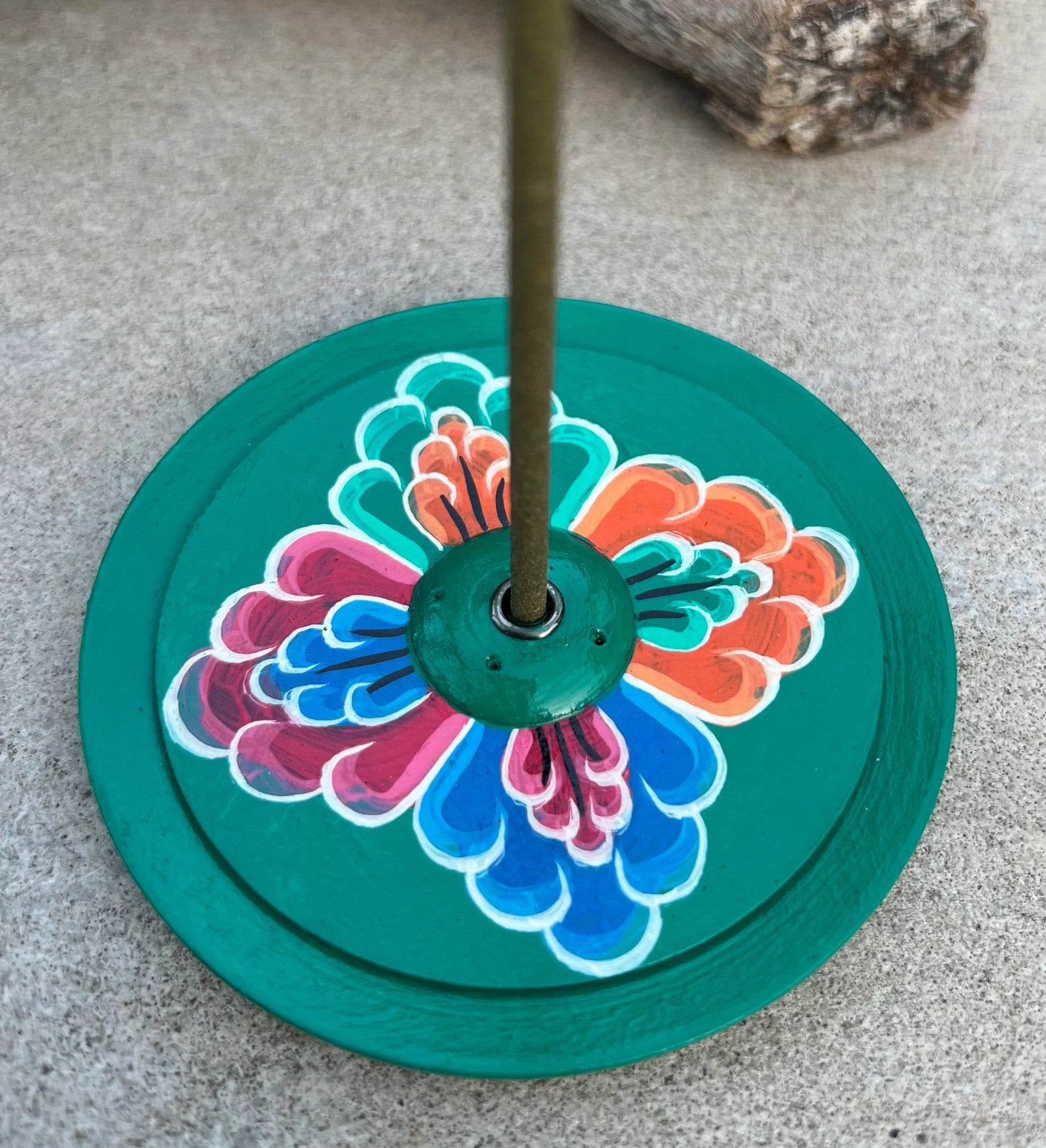 Hand Crafted Tibetan Incense Burner, Hand Painted Round Floral Wooden Incense Burner