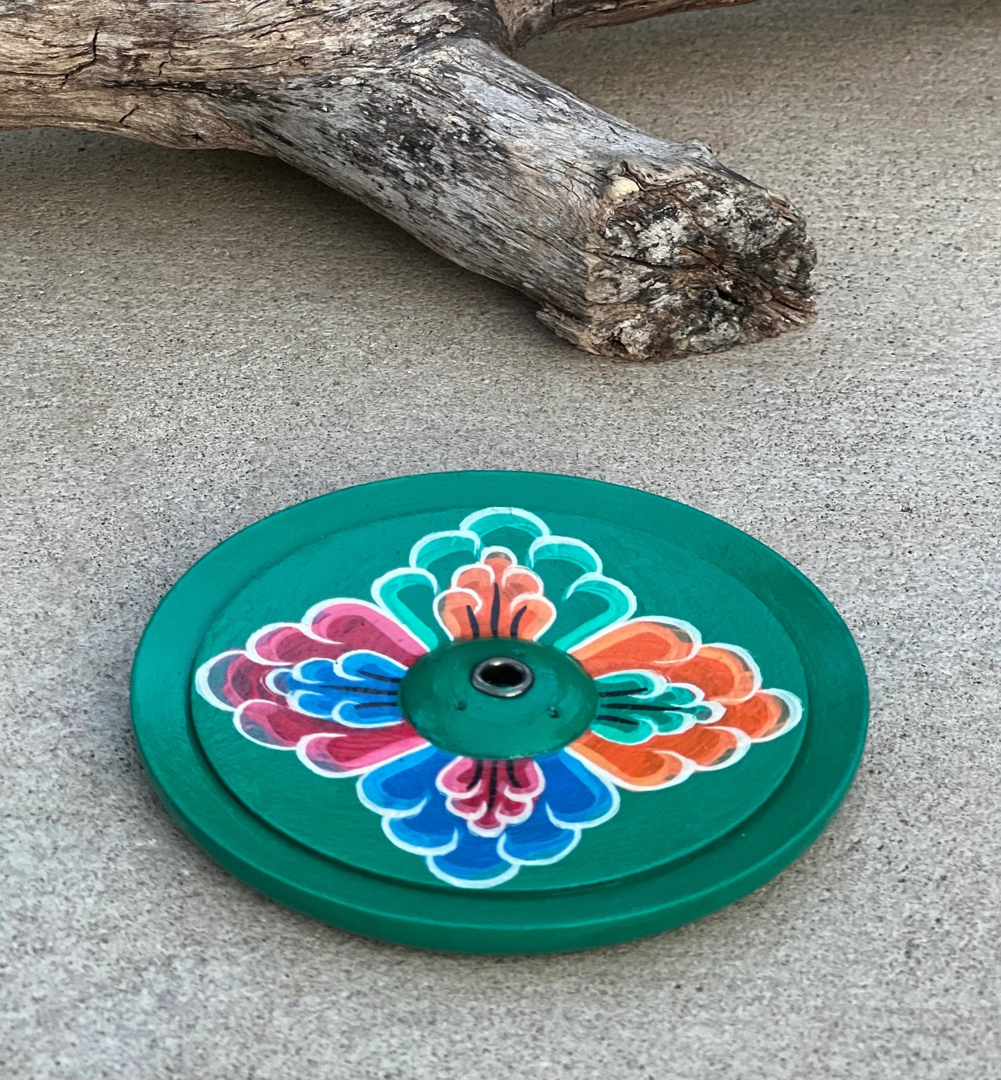 Hand Crafted Tibetan Incense Burner, Hand Painted Round Floral Wooden Incense Burner