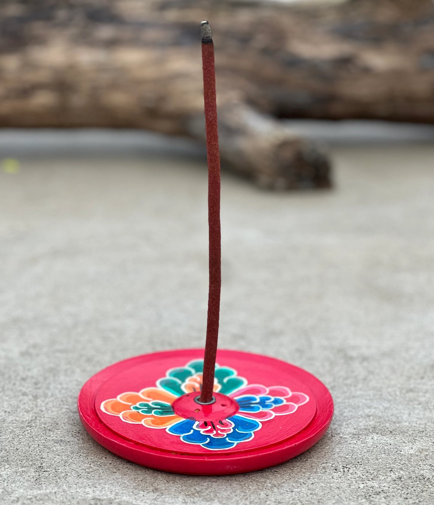 Hand Crafted Tibetan Incense Burner, Hand Painted Round Floral Wooden Incense Burner