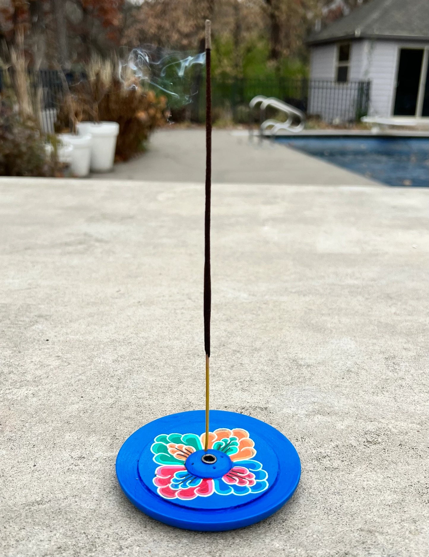 Hand Crafted Tibetan Incense Burner, Hand Painted Round Floral Wooden Incense Burner