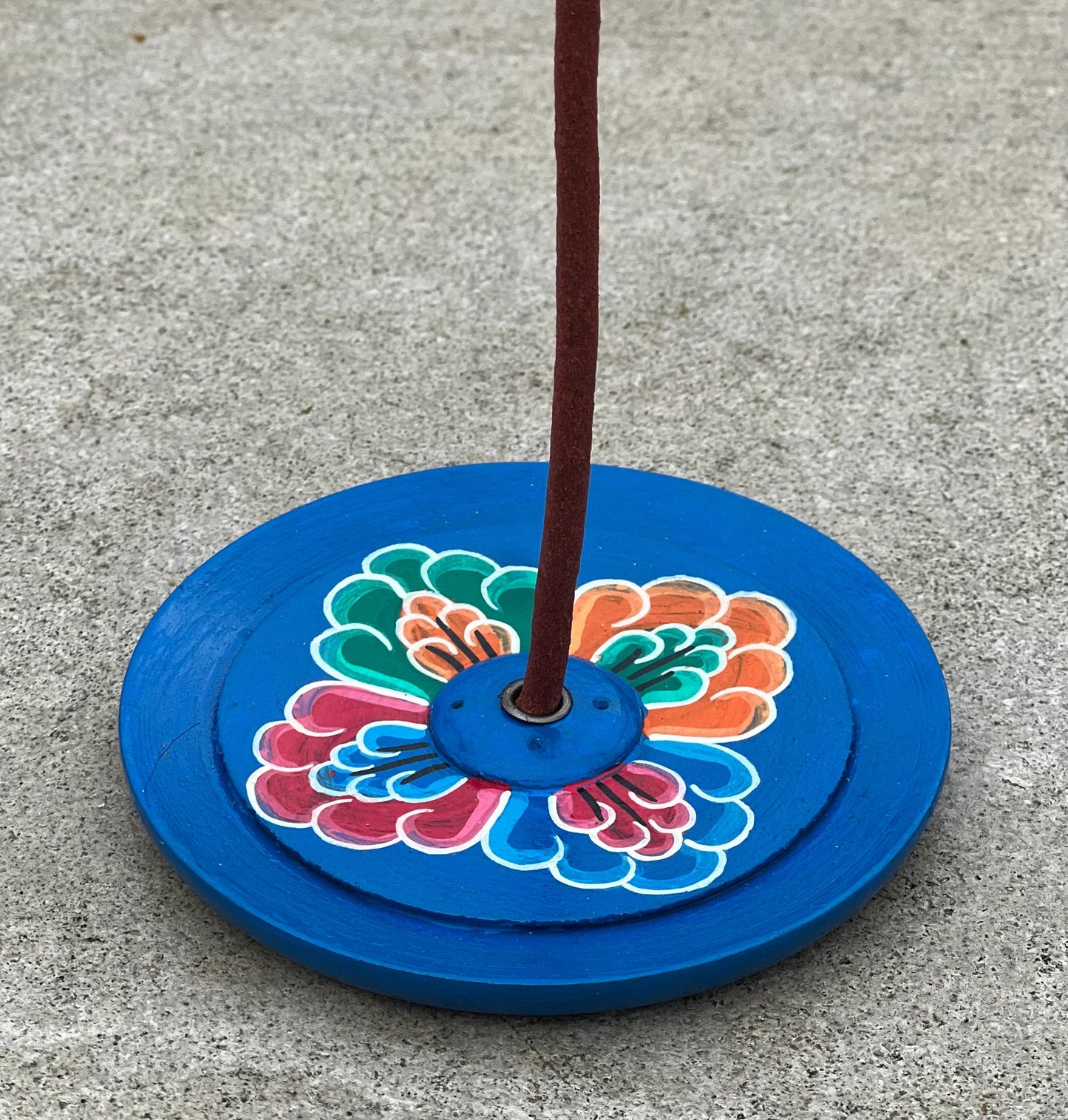 Hand Crafted Tibetan Incense Burner, Hand Painted Round Floral Wooden Incense Burner