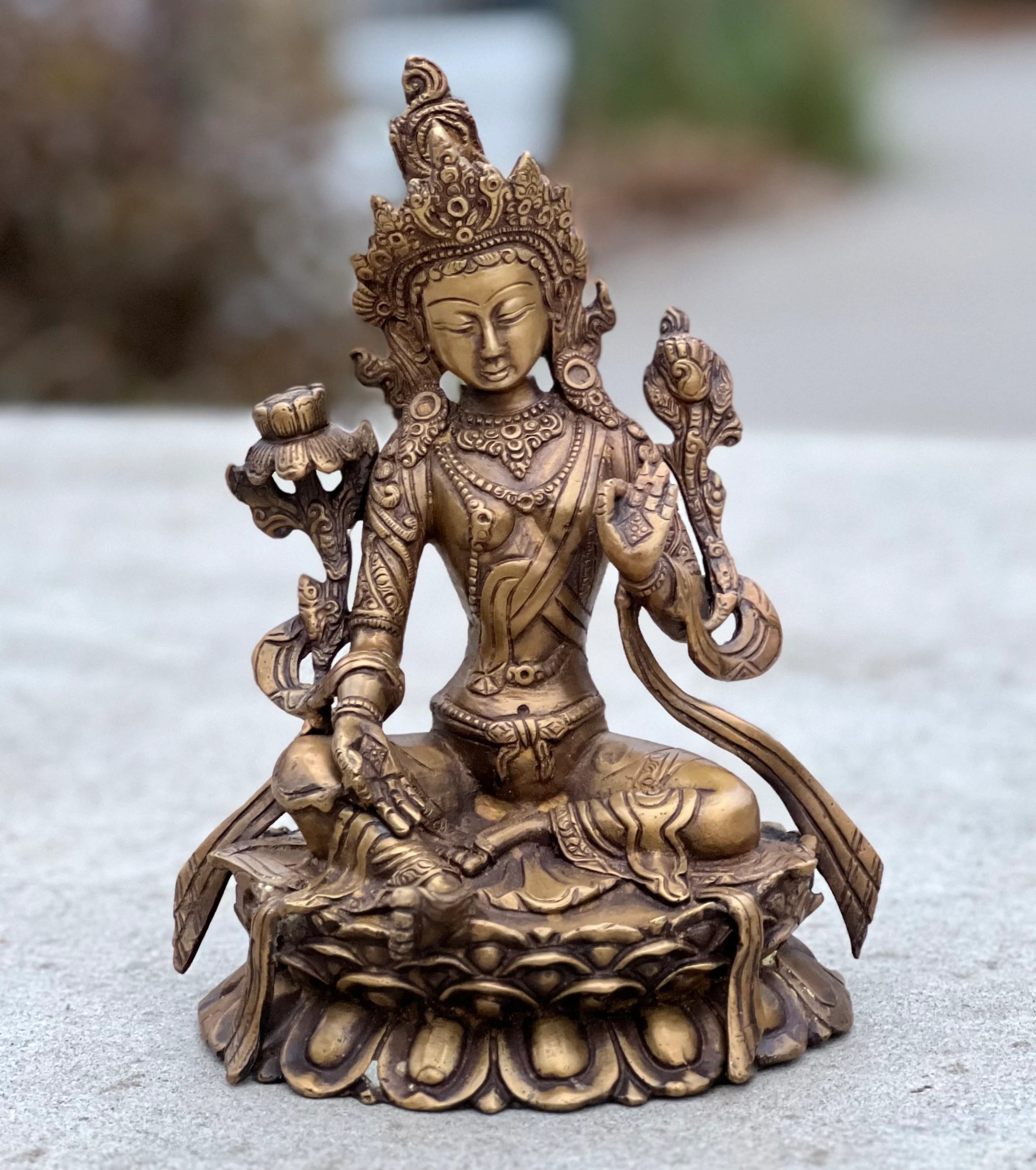 Green Tara Female Buddha Statue Solid Brass Antique Finish for Home Altar Shrine Meditation Room 8 Inches Tall - DharmaObjects