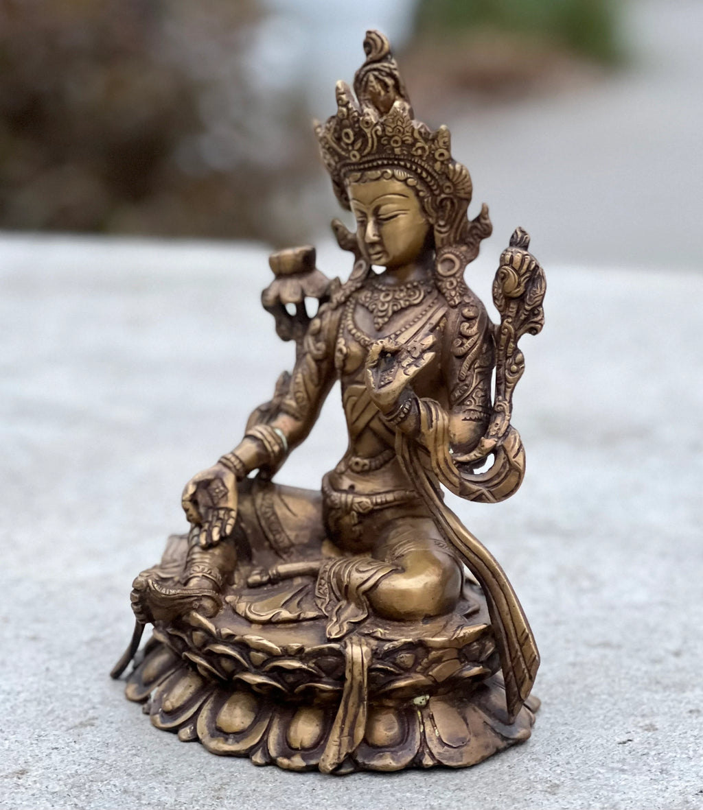 Green Tara Female Buddha Statue Solid Brass Antique Finish for Home Altar Shrine Meditation Room 8 Inches Tall - DharmaObjects