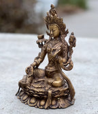 Green Tara Female Buddha Statue Solid Brass Antique Finish for Home Altar Shrine Meditation Room 8 Inches Tall - DharmaObjects