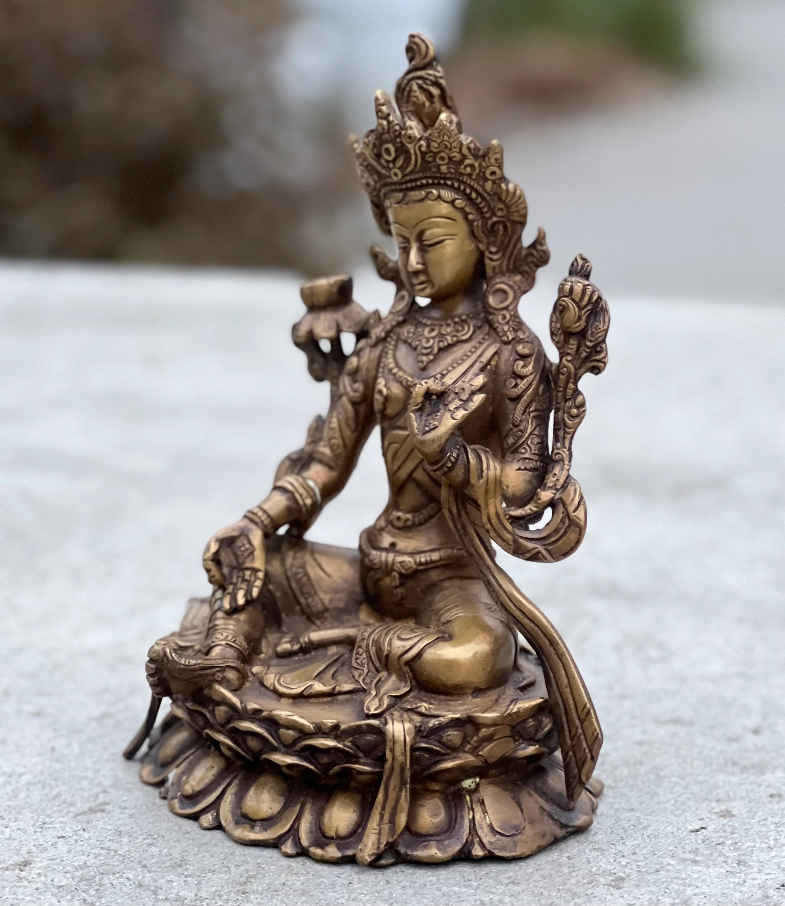 Green Tara Female Buddha Statue Solid Brass Antique Finish for Home Altar Shrine Meditation Room 8 Inches Tall - DharmaObjects