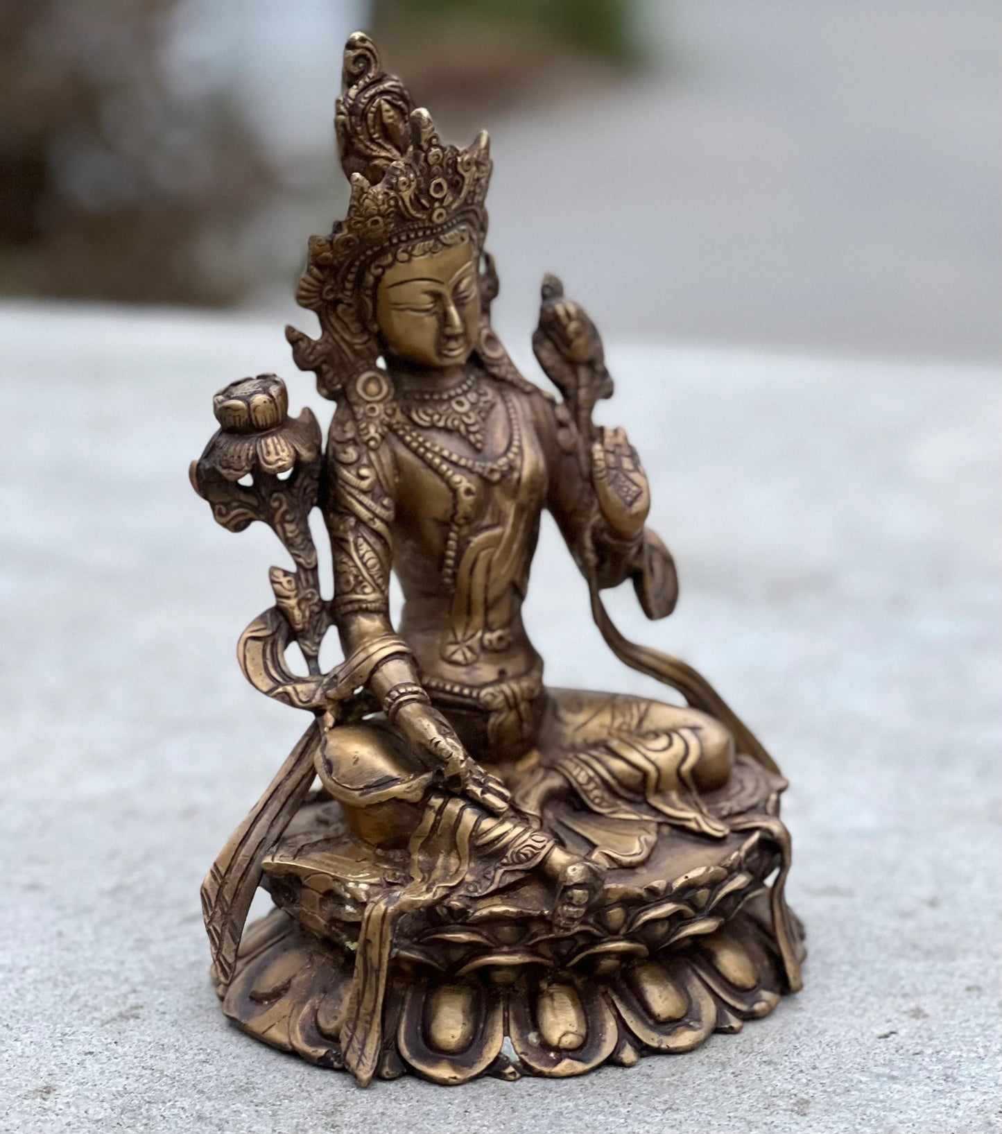 Green Tara Female Buddha Statue Solid Brass Antique Finish for Home Altar Shrine Meditation Room 8 Inches Tall