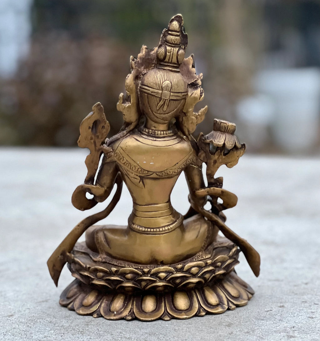 Green Tara Female Buddha Statue Solid Brass Antique Finish for Home Altar Shrine Meditation Room 8 Inches Tall - DharmaObjects