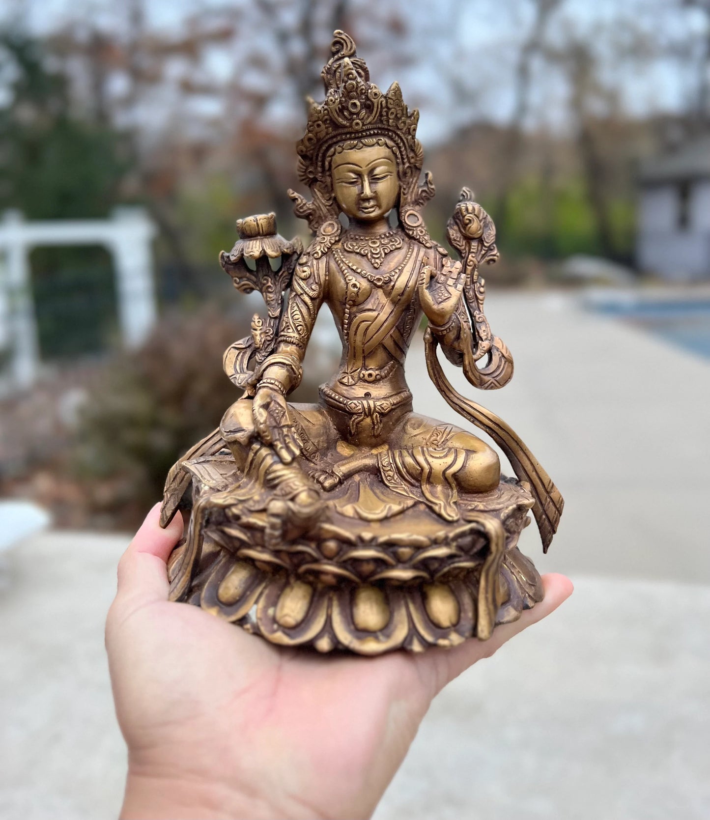 Green Tara Female Buddha Statue Solid Brass Antique Finish for Home Altar Shrine Meditation Room 8 Inches Tall