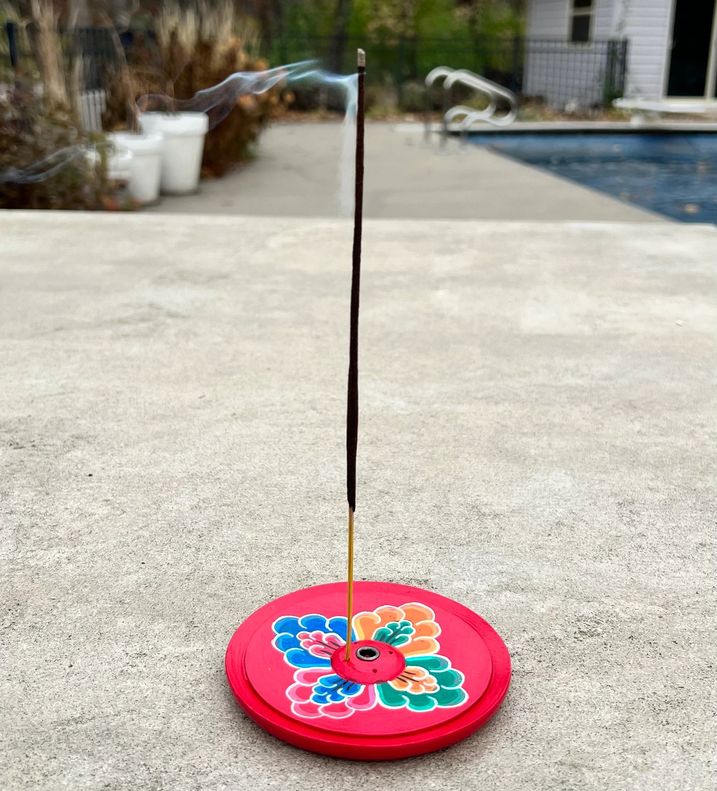 Hand Crafted Tibetan Incense Burner, Hand Painted Round Floral Wooden Incense Burner