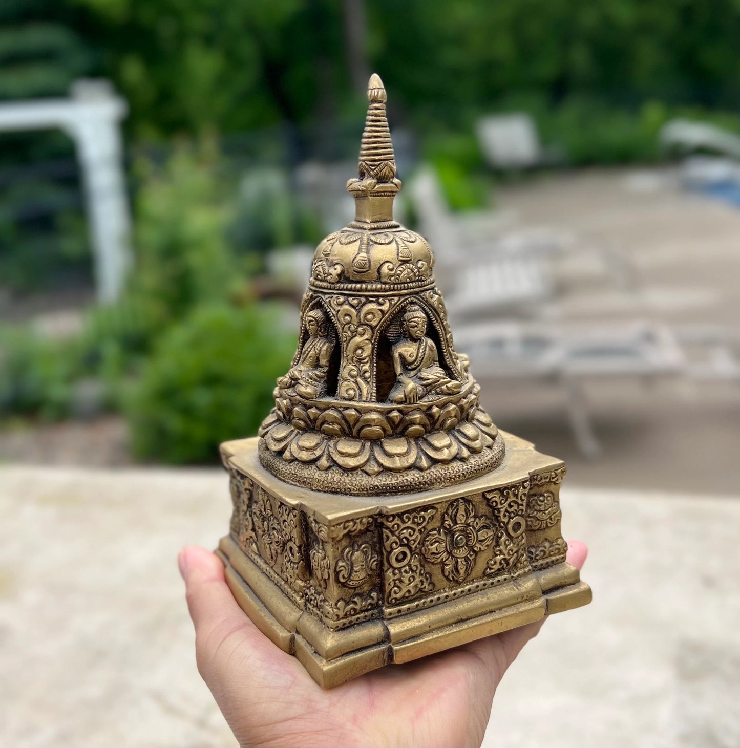 Tibetan Buddhist Old Heavy Brass Buddha Stupa Pagoda 7 Inches Tall