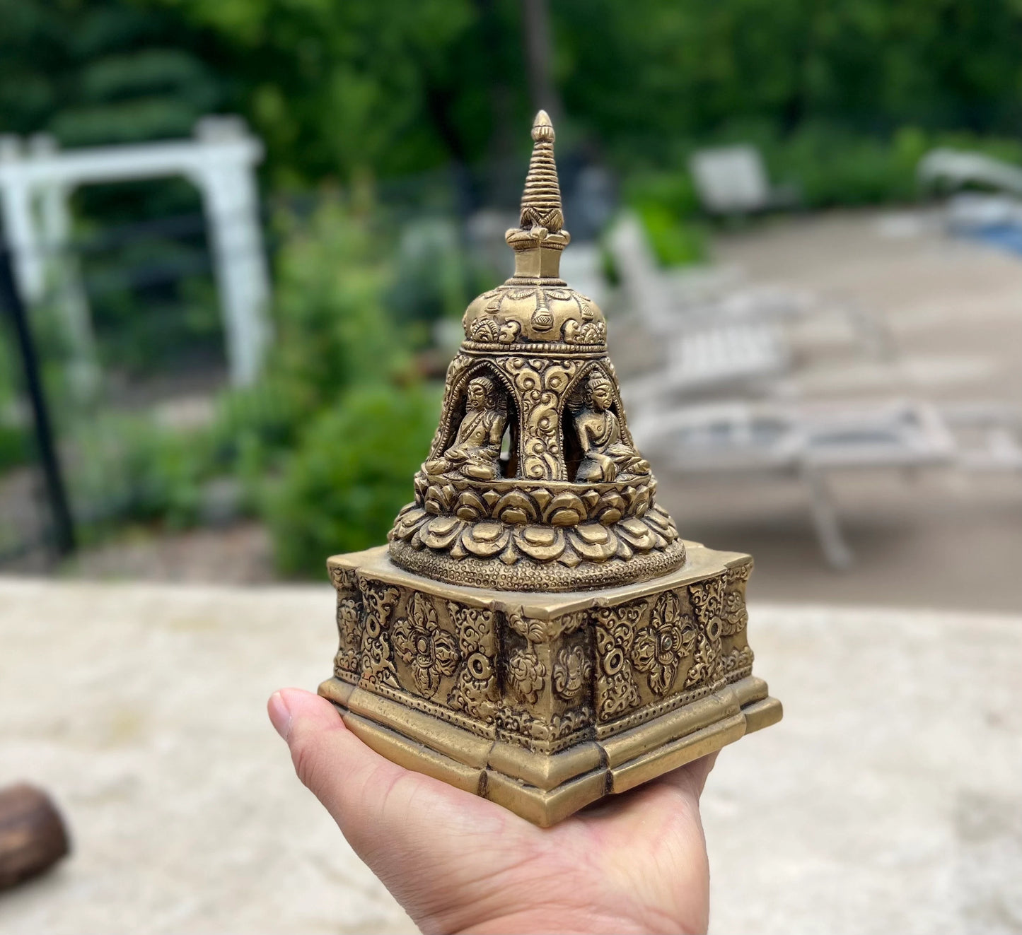 Tibetan Buddhist Old Heavy Brass Buddha Stupa Pagoda 7 Inches Tall