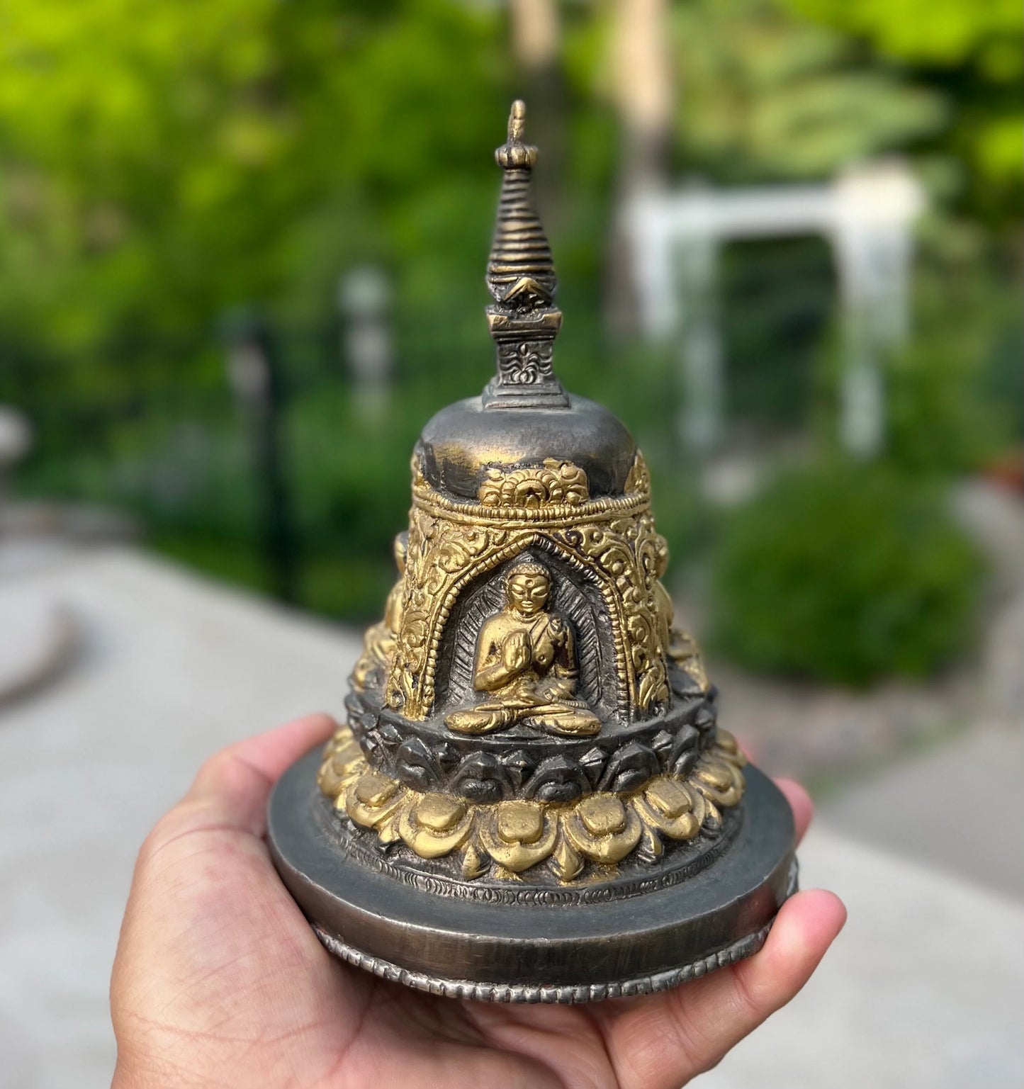 Tibetan Buddhist Old Brass Buddha Stupa Pagoda 6.5 Inches Tall