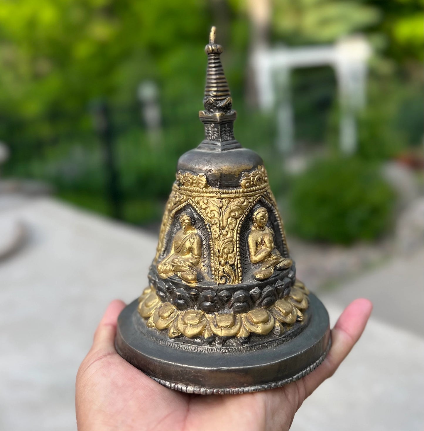 Tibetan Buddhist Old Brass Buddha Stupa Pagoda 6.5 Inches Tall