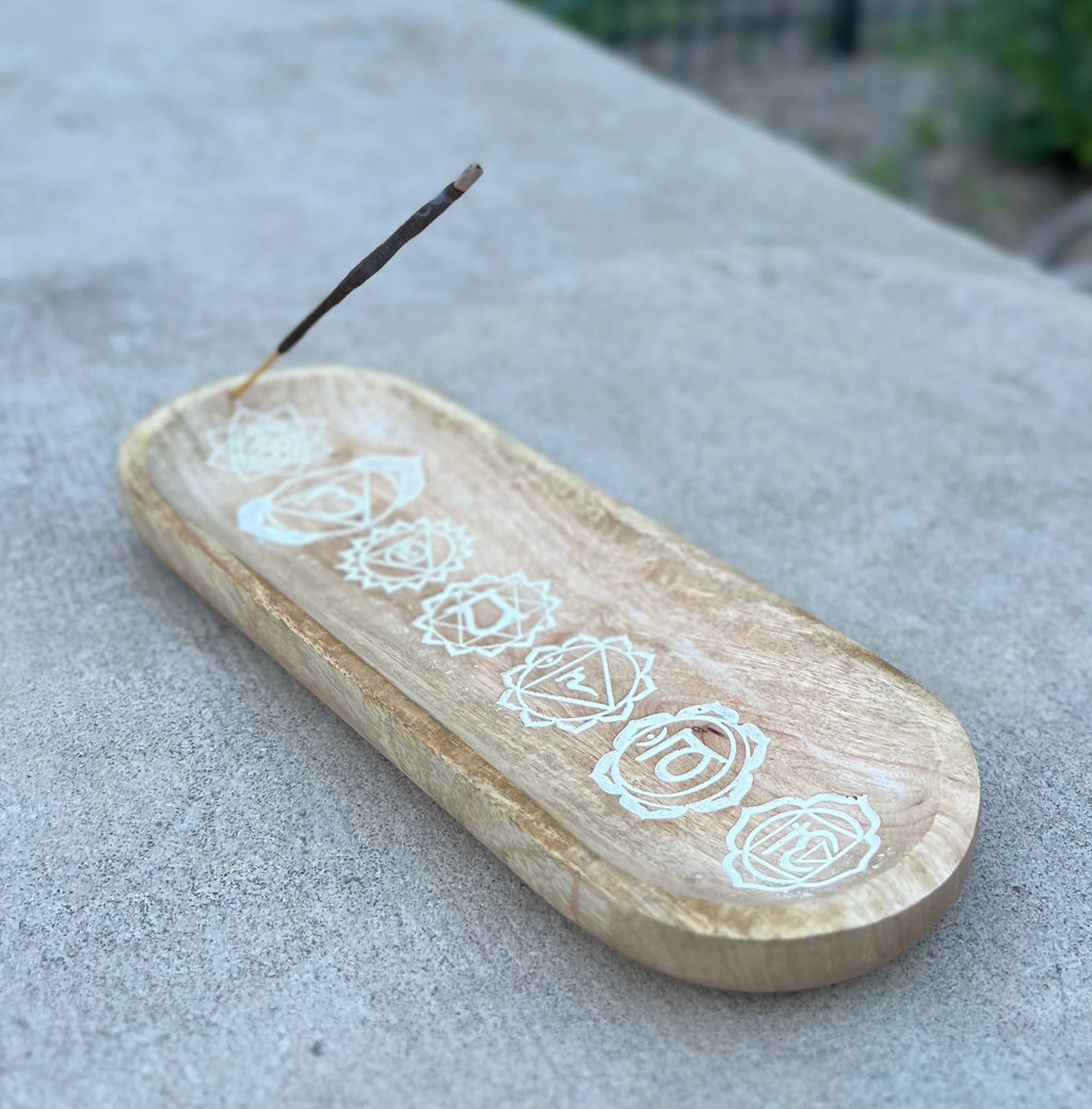 Handcrafted Wooden Boat-Shaped Incense Holder with 7 Chakras Design - Natural Black (11"x4") - Ash Catcher, Home Décor, Yoga & Meditation - DharmaObjects