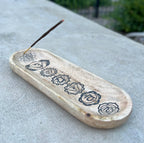 Handcrafted Wooden Boat-Shaped Incense Holder with 7 Chakras Design - Natural Black (11"x4") - Ash Catcher, Home Décor, Yoga & Meditation - DharmaObjects