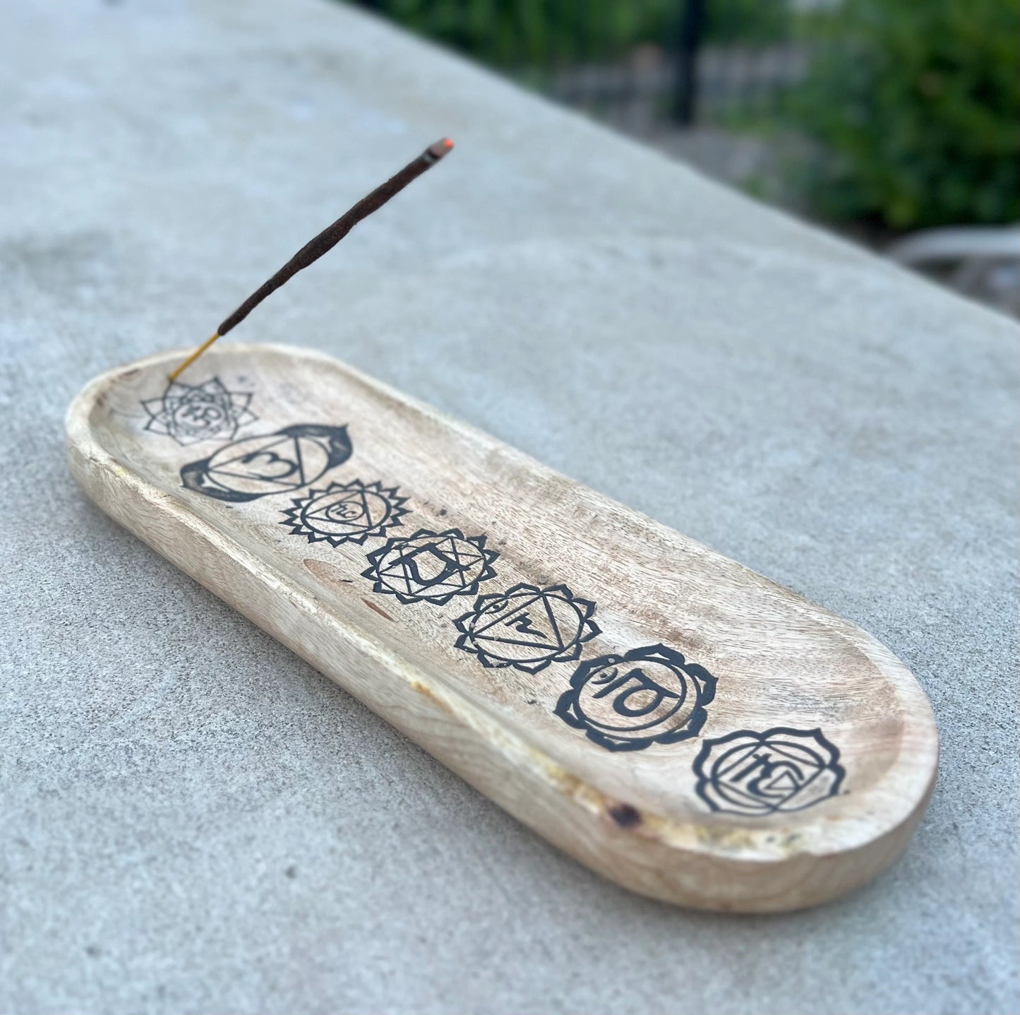 Handcrafted Wooden Boat-Shaped Incense Holder with 7 Chakras Design - Natural Black (11"x4") - Ash Catcher, Home Décor, Yoga & Meditation