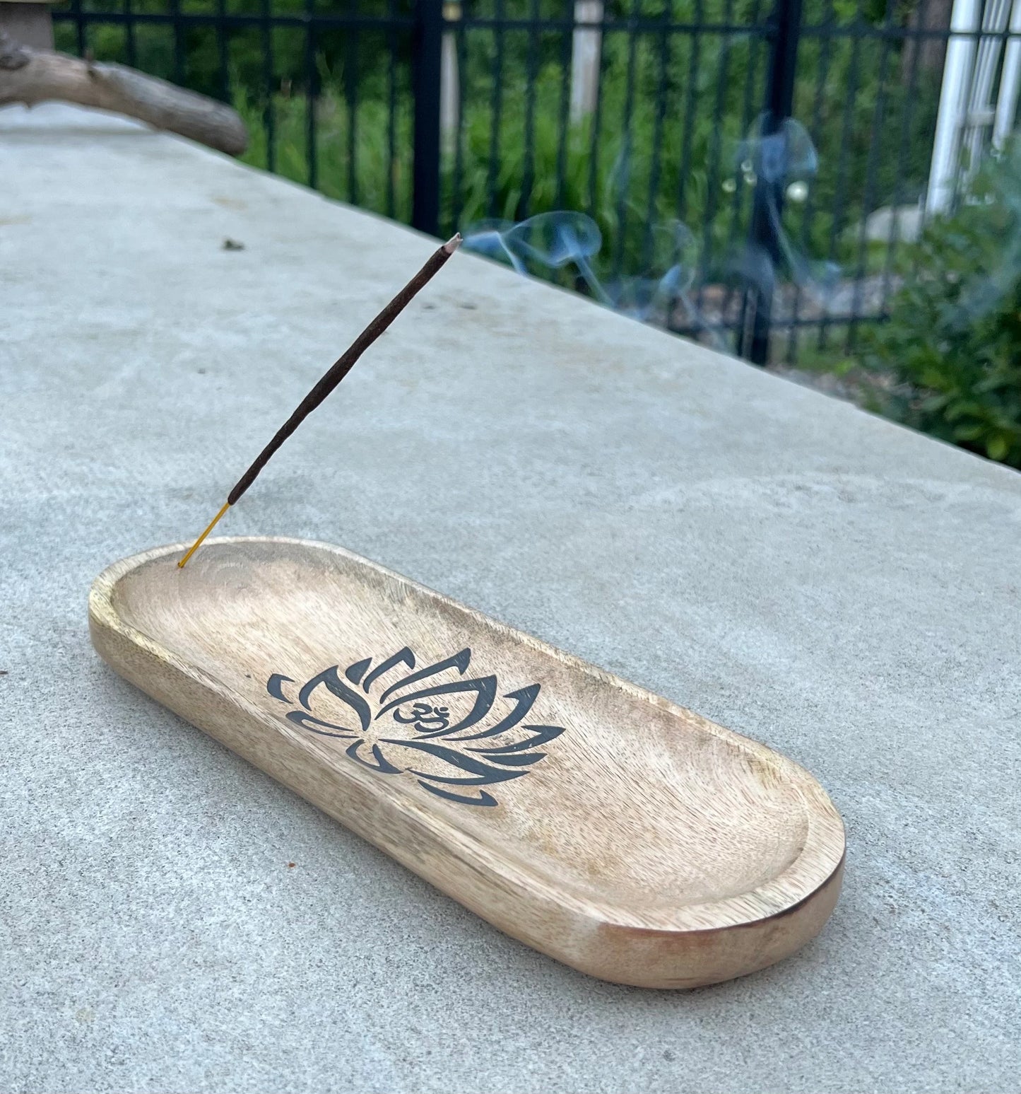 Handcrafted Wooden Boat-Shaped Incense Holder with Lotus Flower Design - Natural Black (11"x4") - Ash Catcher, Home Décor, Yoga & Meditation