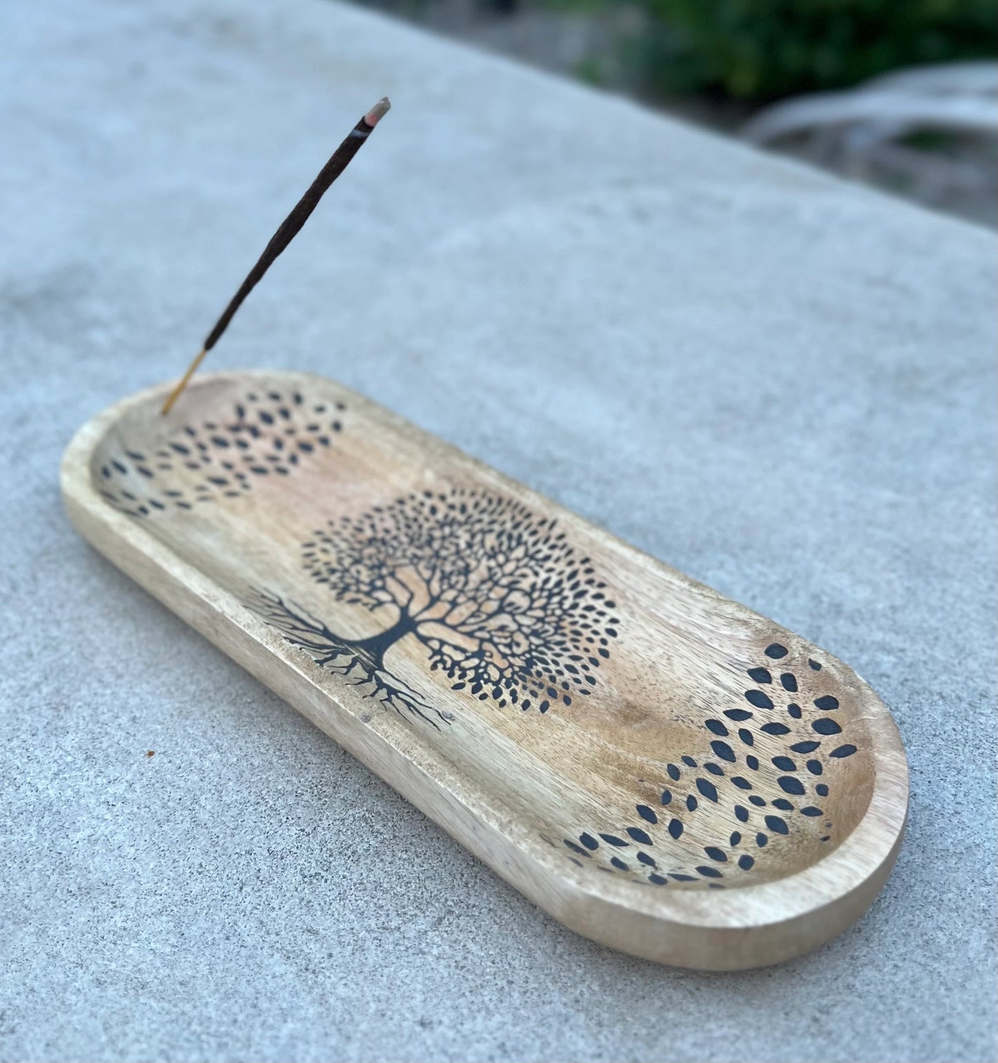 Handcrafted Wooden Boat-Shaped Incense Holder with Tree Of Life Design - Natural Black (11"x4") - Ash Catcher, Home Décor, Yoga & Meditation